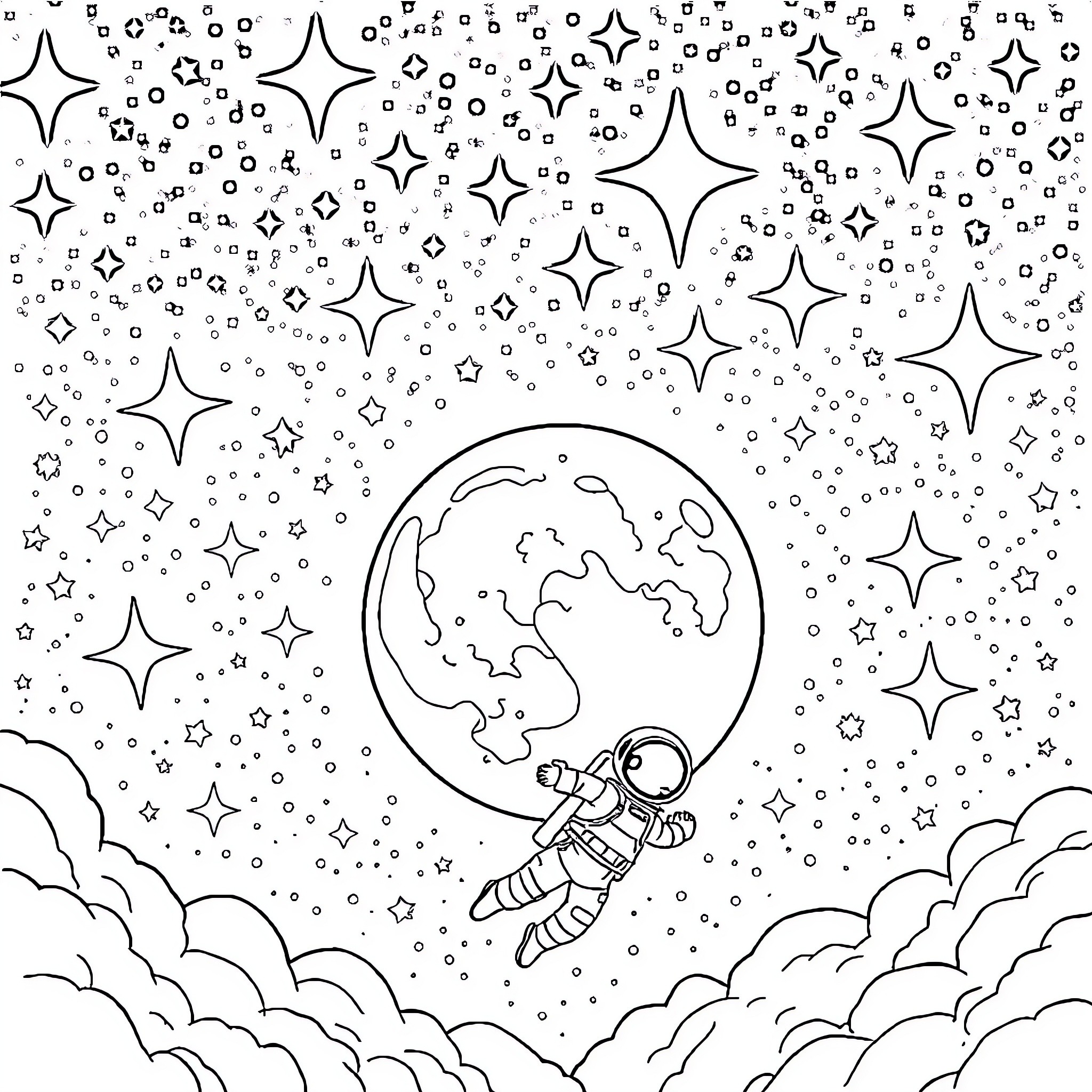 Astronaut floating in space surrounded by stars Coloring Page (free black-and-white line drawing printable PDF for all, from beginners to advanced learners, including children, teens, adults, and seniors)