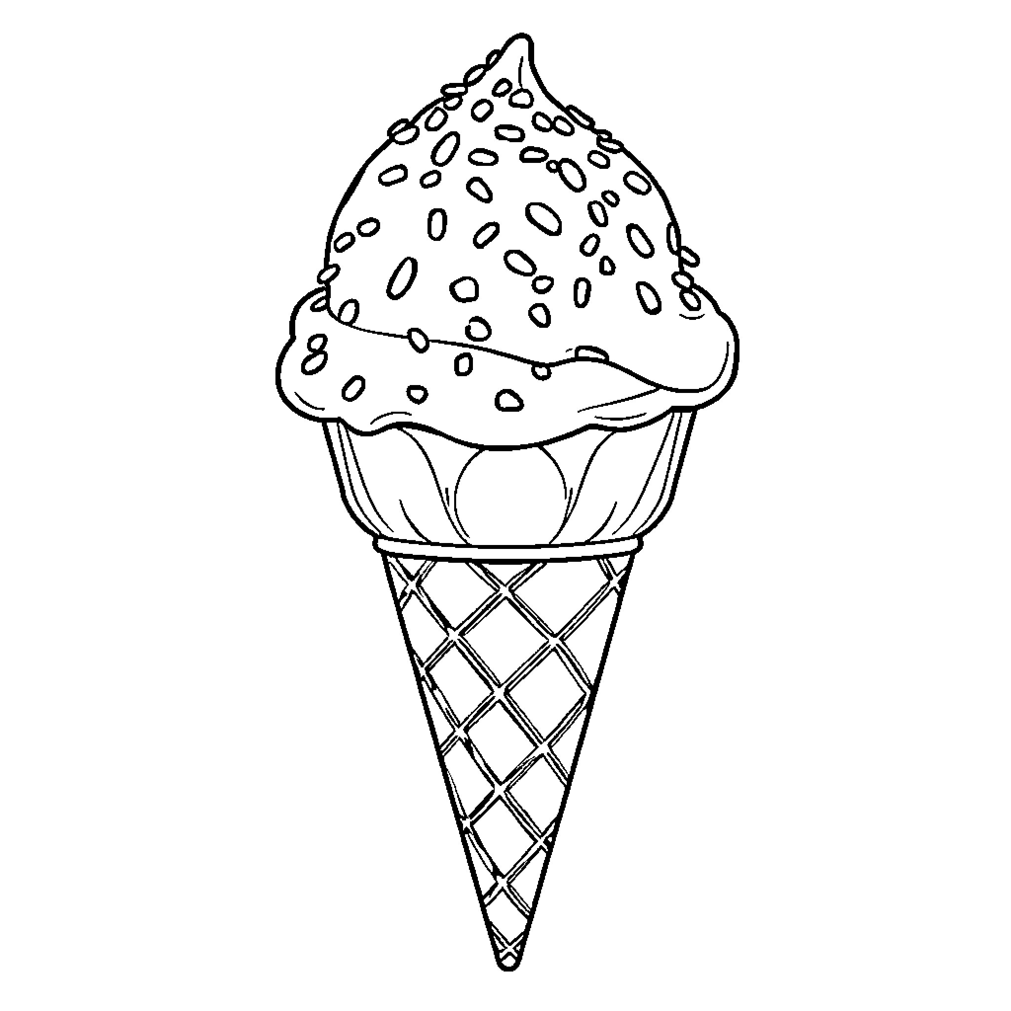 Ice Cream Scoop in Waffle Cone Coloring Page (free black-and-white line drawing printable PDF for all, from beginners to advanced learners, including children, teens, adults, and seniors)