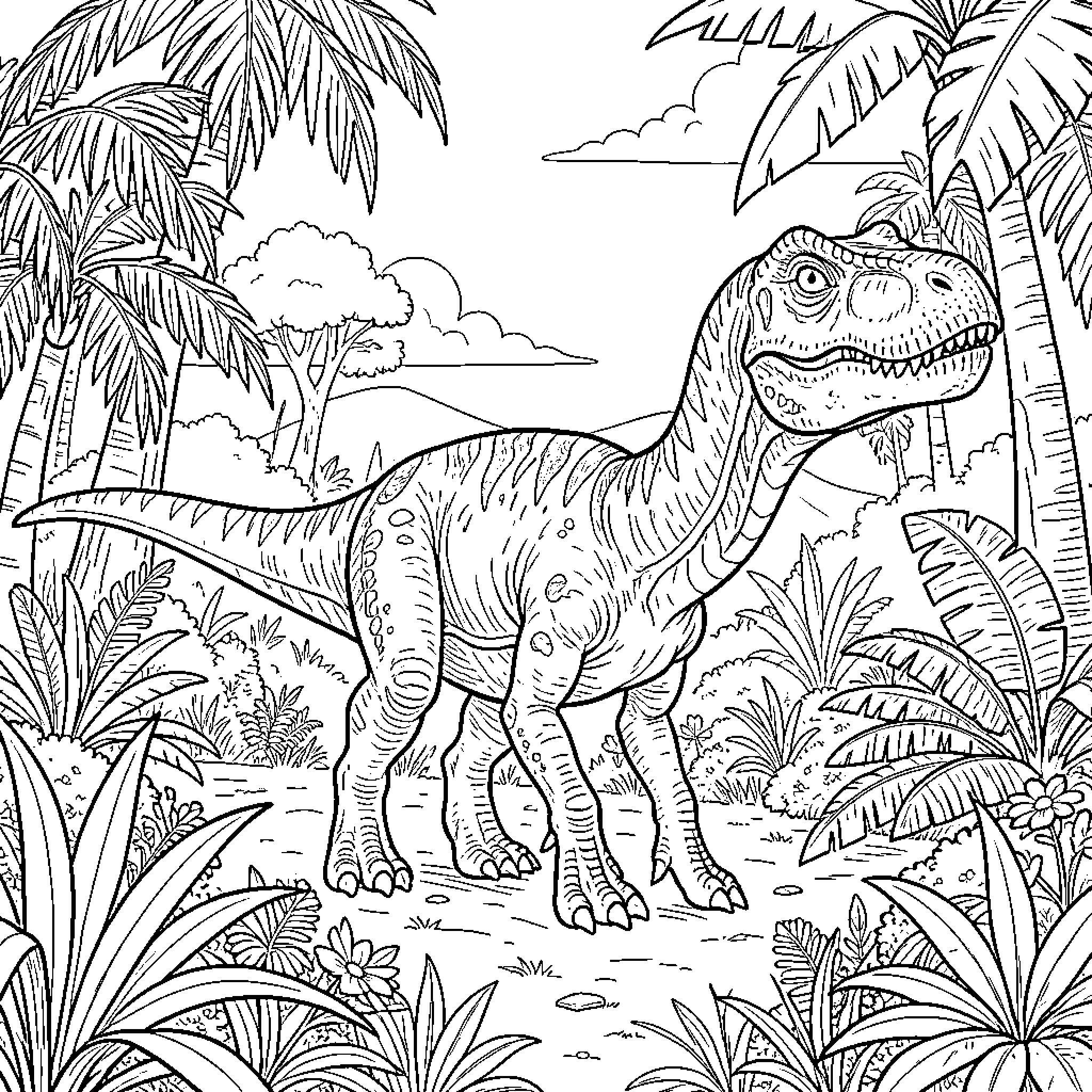 Dinosaur walking through a lush tropical jungle Coloring Page (free black-and-white line drawing printable PDF for all, from beginners to advanced learners, including children, teens, adults, and seniors)
