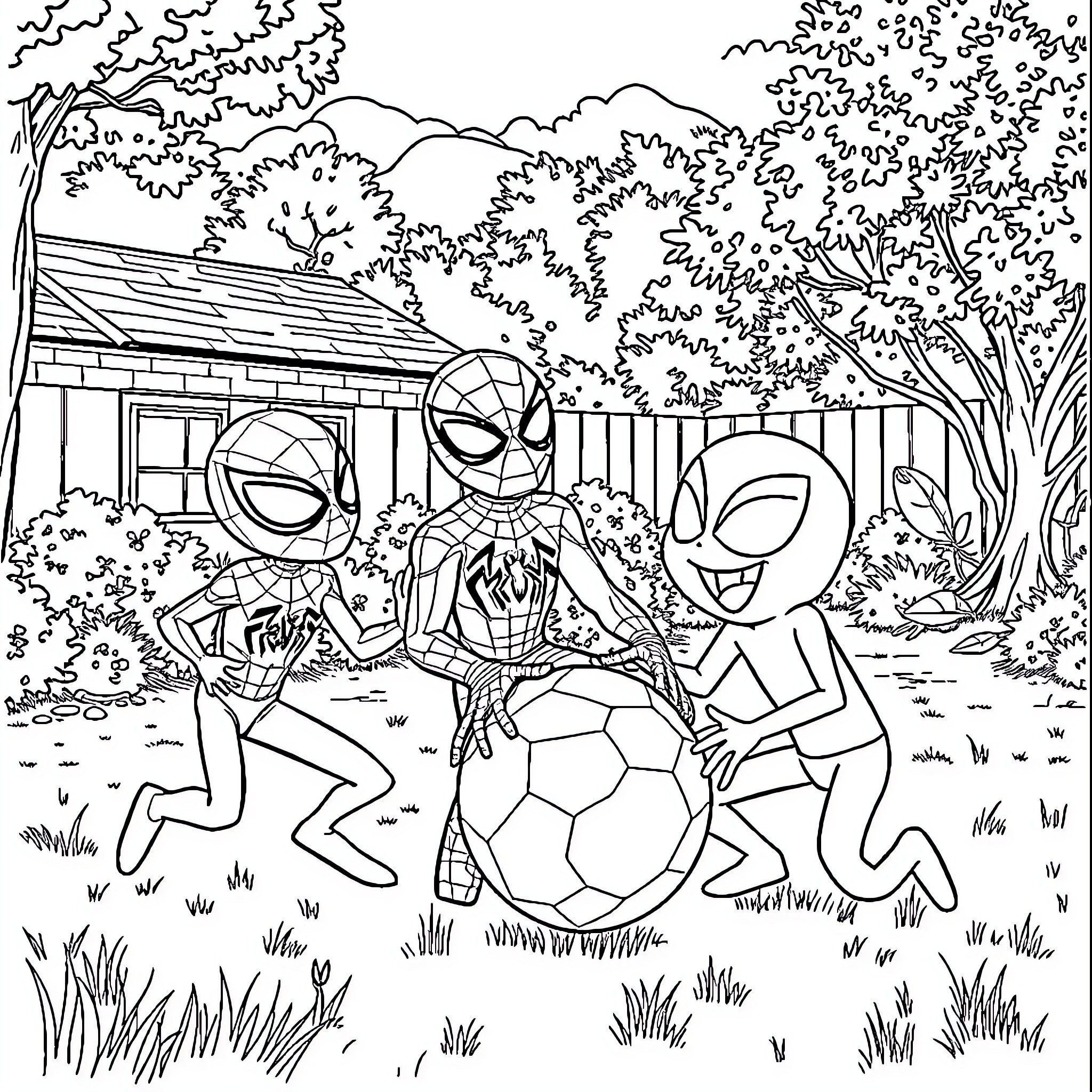 Spidey characters in playful outdoor scene Coloring Page (free black-and-white line drawing printable PDF for all, from beginners to advanced learners, including children, teens, adults, and seniors)