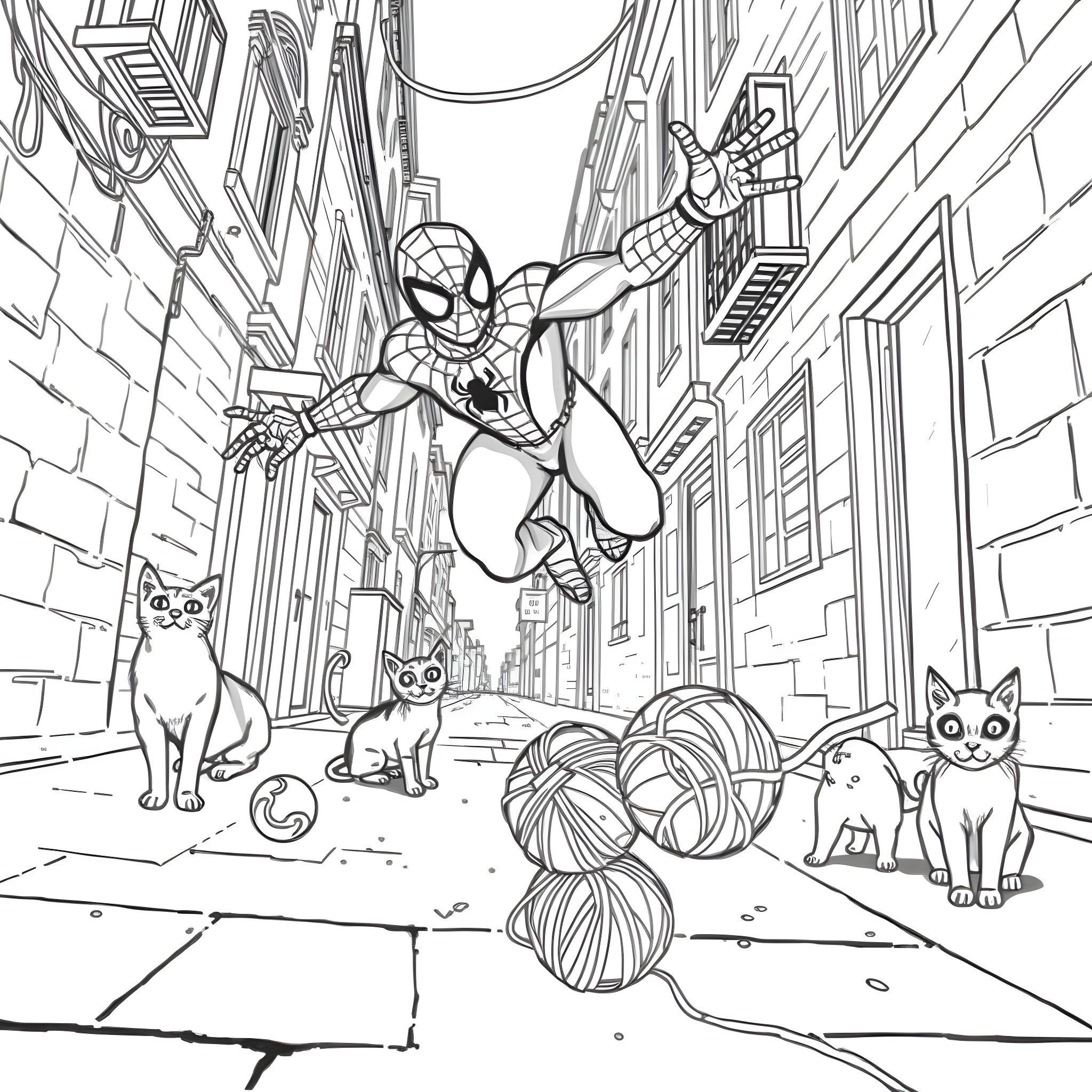 Spiderman swinging through the city with cats Coloring Page (free black-and-white line drawing printable PDF for all, from beginners to advanced learners, including children, teens, adults, and seniors)