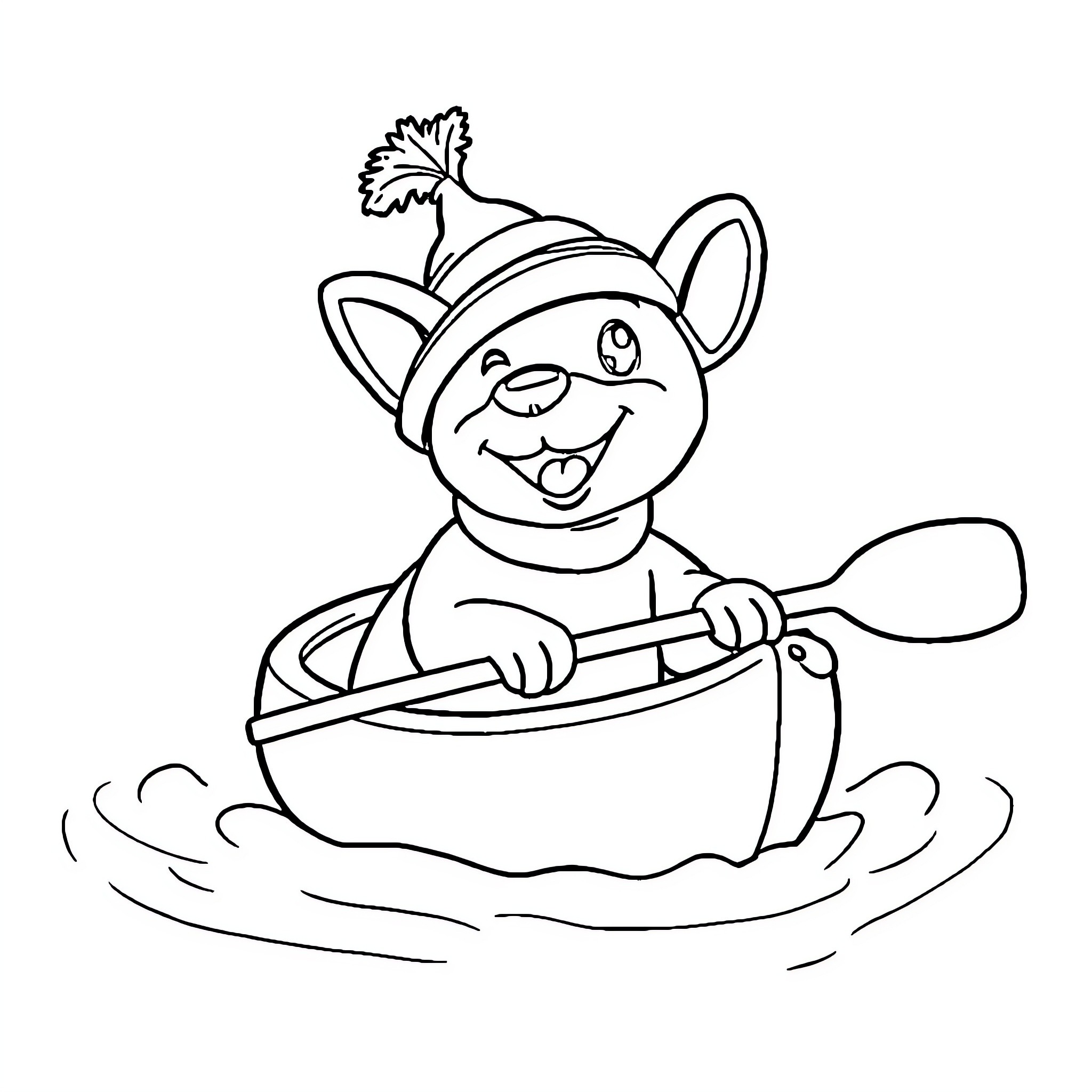 Dog paddling happily in a boat Coloring Page (free black-and-white line drawing printable PDF for all, from beginners to advanced learners, including children, teens, adults, and seniors)