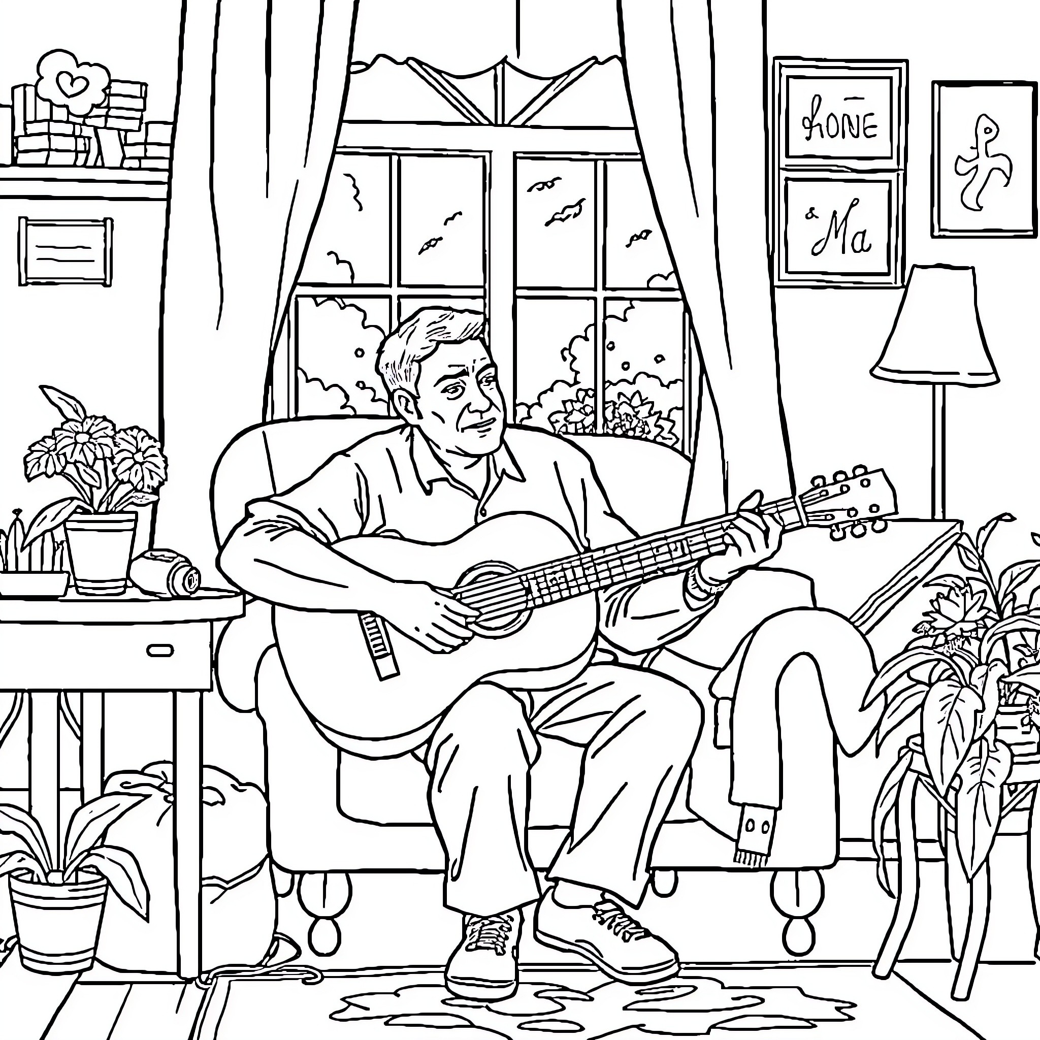 Vanilla Man plays guitar peacefully in his cozy home Coloring Page (free black-and-white line drawing printable PDF for all, from beginners to advanced learners, including children, teens, adults, and seniors)