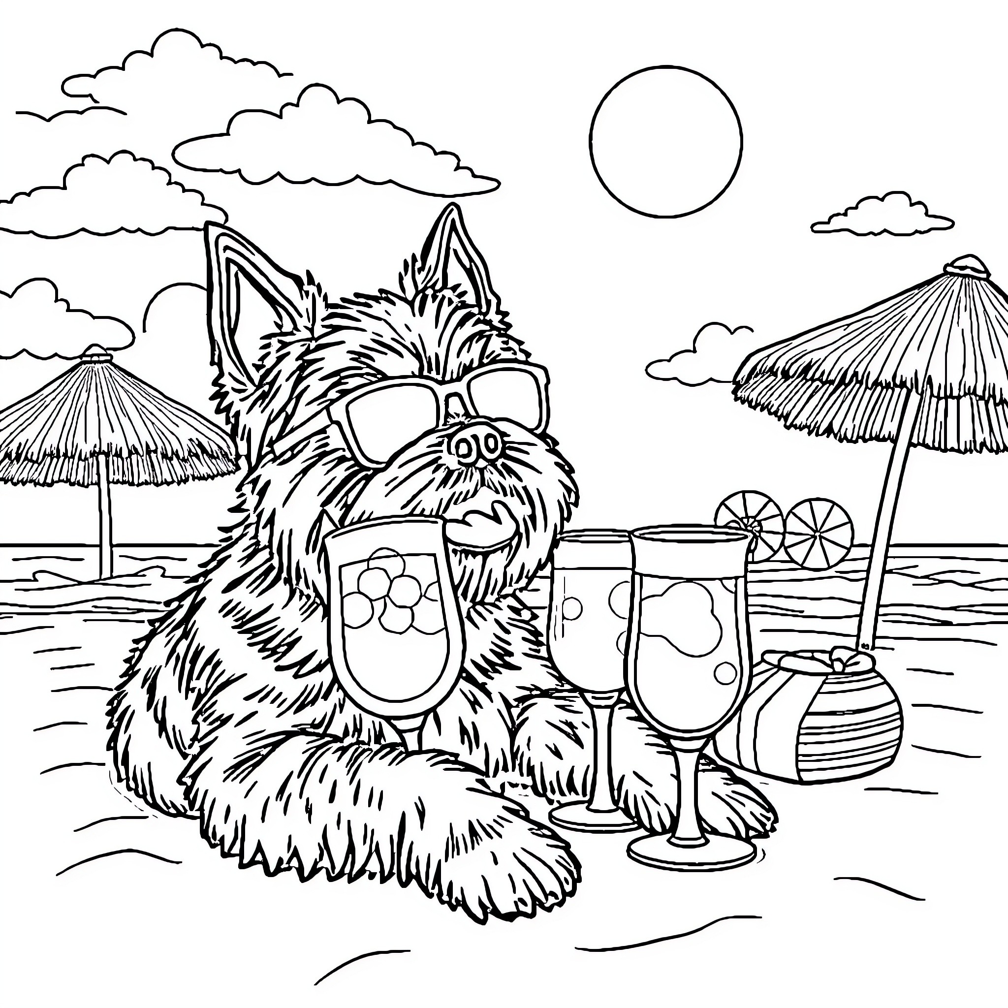 Brussels Griffin enjoying a beach vacation Coloring Page (free black-and-white line drawing printable PDF for all, from beginners to advanced learners, including children, teens, adults, and seniors)