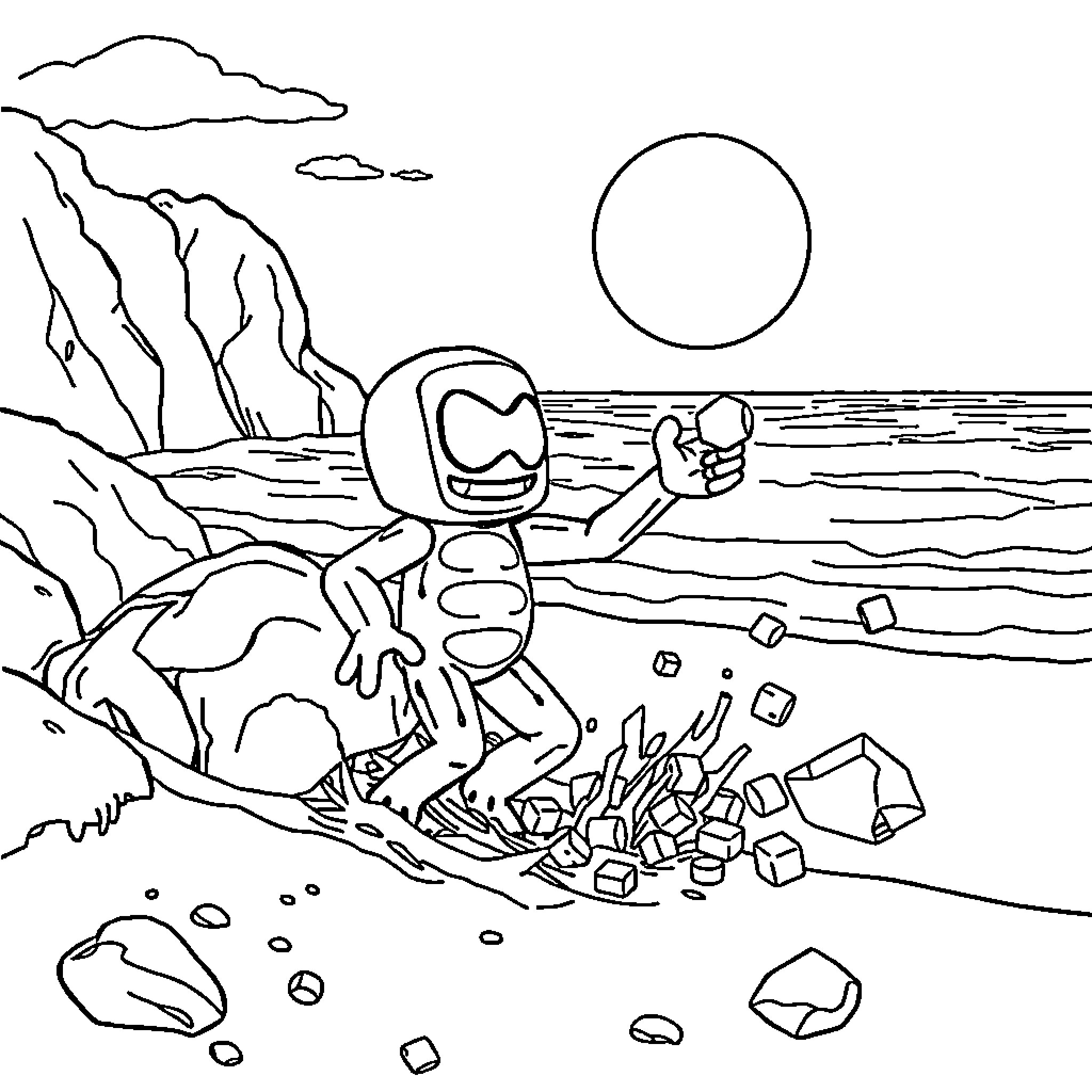 Enderman exploring a rocky landscape Coloring Page (free black-and-white line drawing printable PDF for all, from beginners to advanced learners, including children, teens, adults, and seniors)