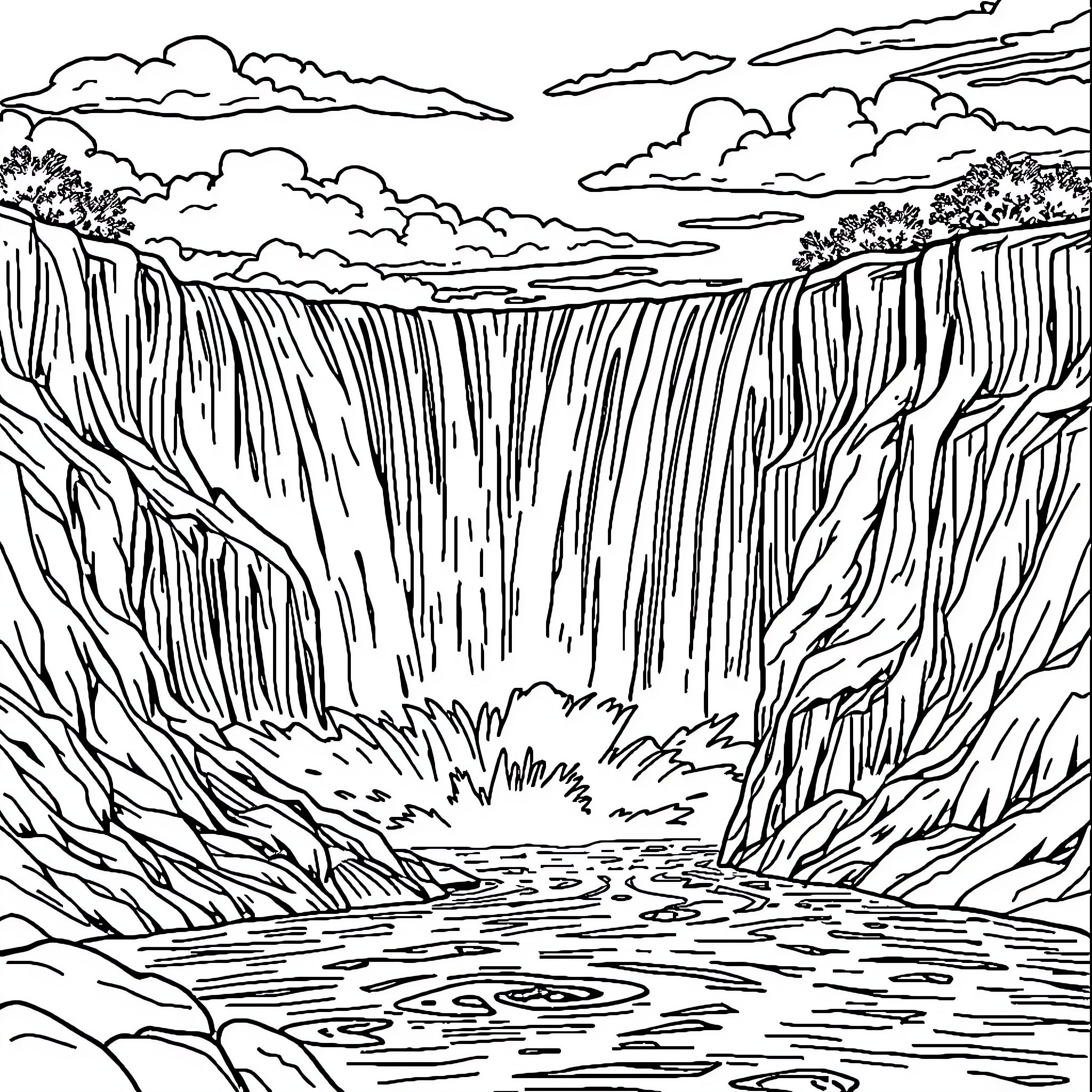 Niagara Falls in Majestic Black and White Coloring Page (free black-and-white line drawing printable PDF for all, from beginners to advanced learners, including children, teens, adults, and seniors)