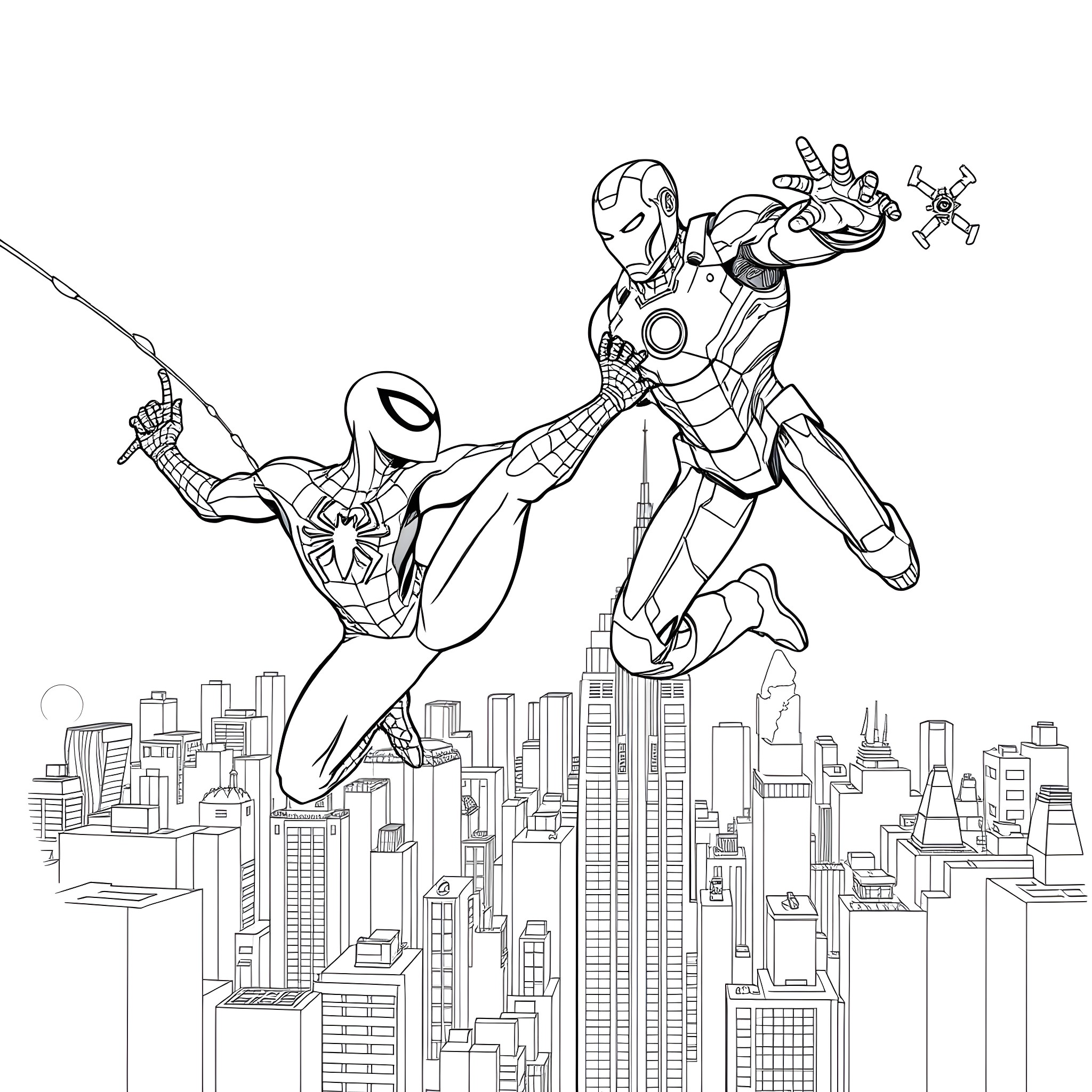 Spiderman and Iron Man saving the city Coloring Page (free black-and-white line drawing printable PDF for all, from beginners to advanced learners, including children, teens, adults, and seniors)