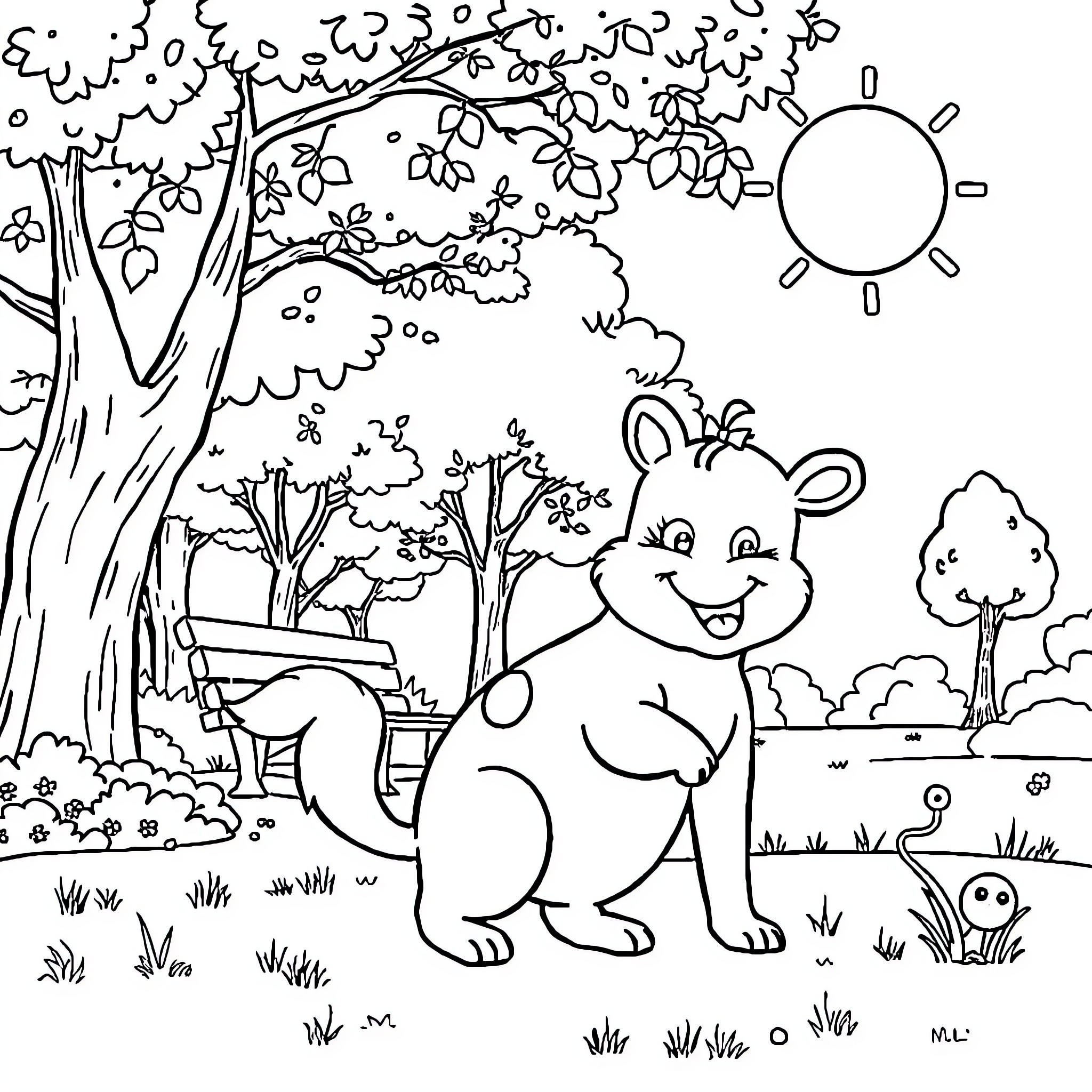 Animal in a cheerful nature scene Coloring Page (free black-and-white line drawing printable PDF for all, from beginners to advanced learners, including children, teens, adults, and seniors)