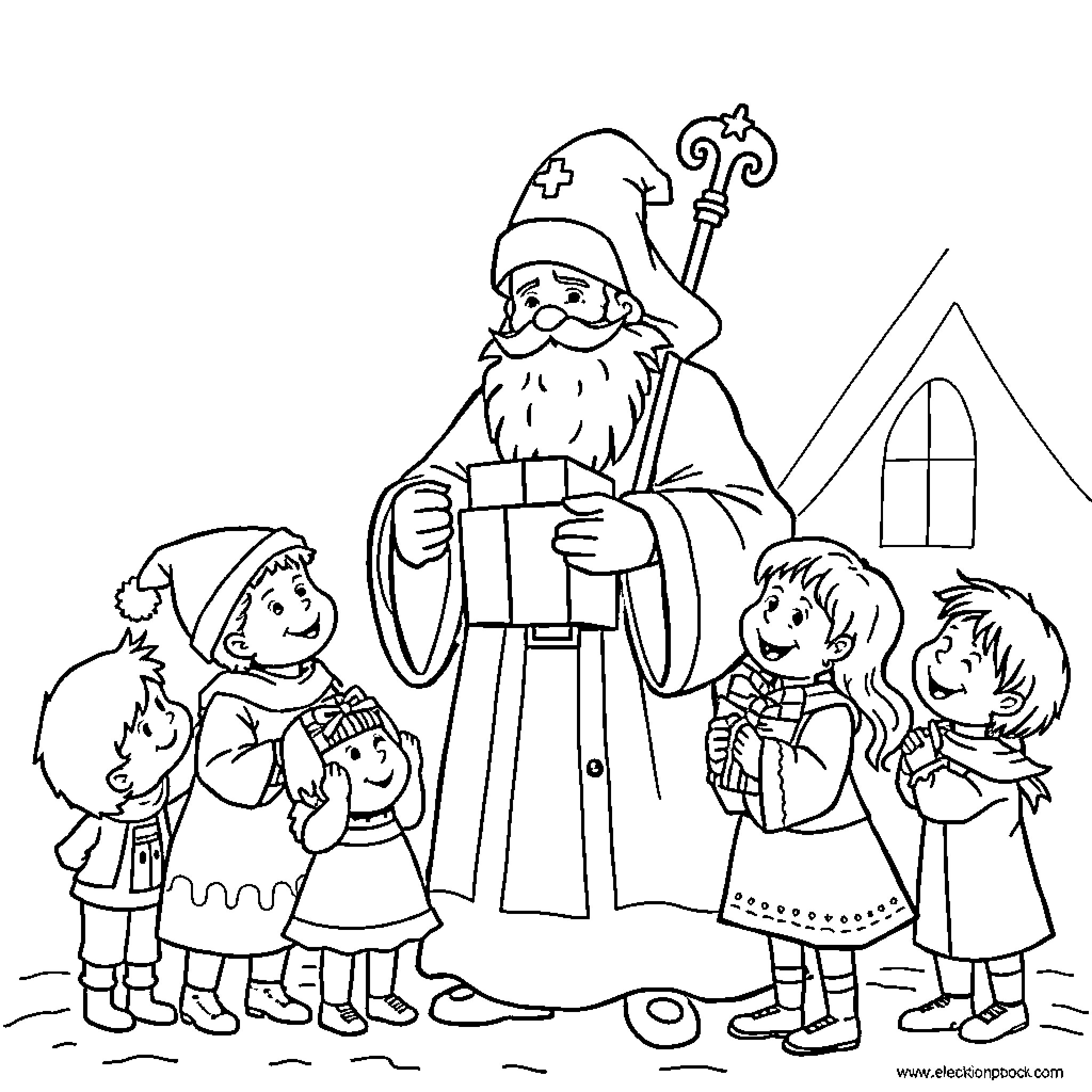 Saint Nicolas greets happy children in traditional outfits Coloring Page (free black-and-white line drawing printable PDF for all, from beginners to advanced learners, including children, teens, adults, and seniors)