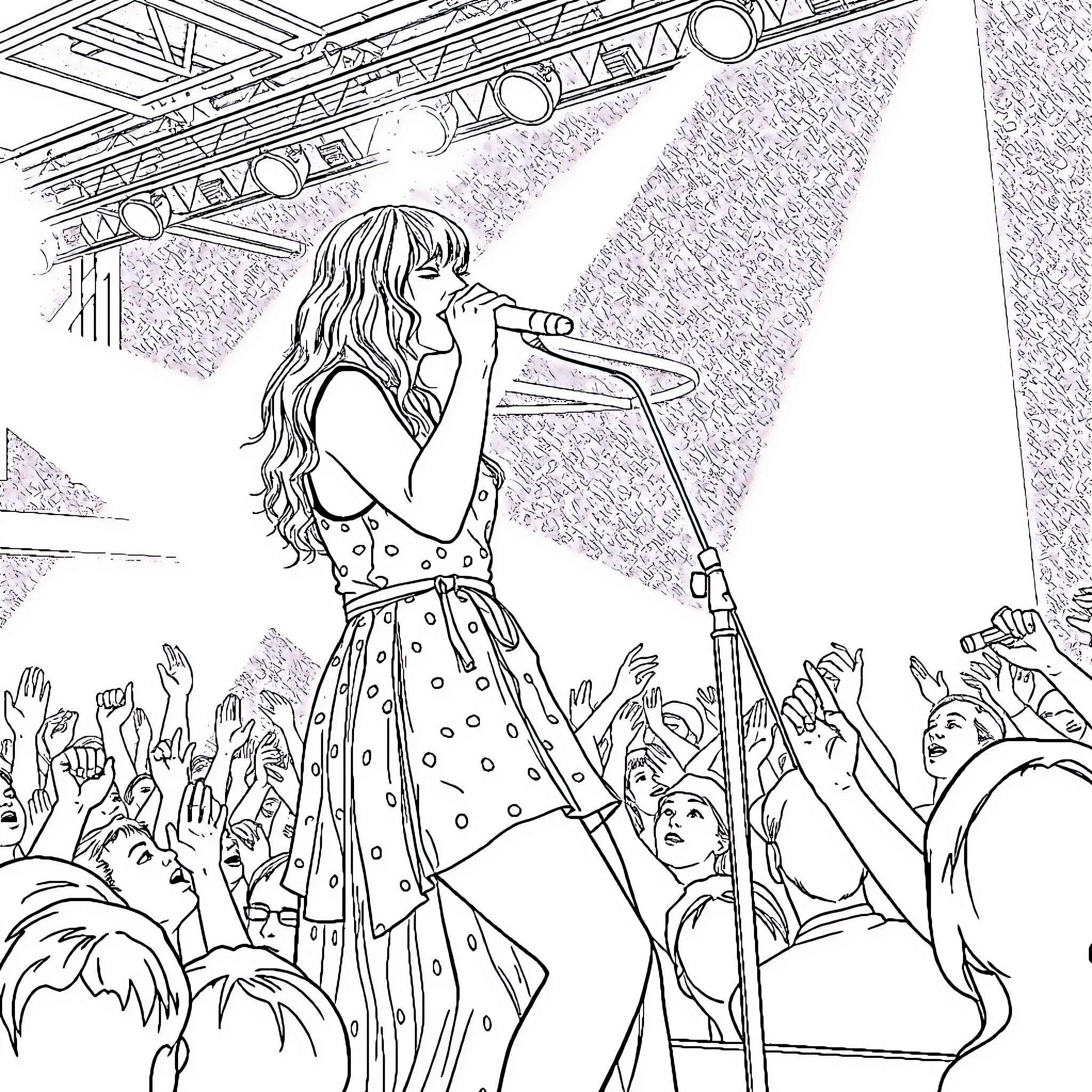 Taylor Swift performing energetically on stage Coloring Page (free black-and-white line drawing printable PDF for all, from beginners to advanced learners, including children, teens, adults, and seniors)