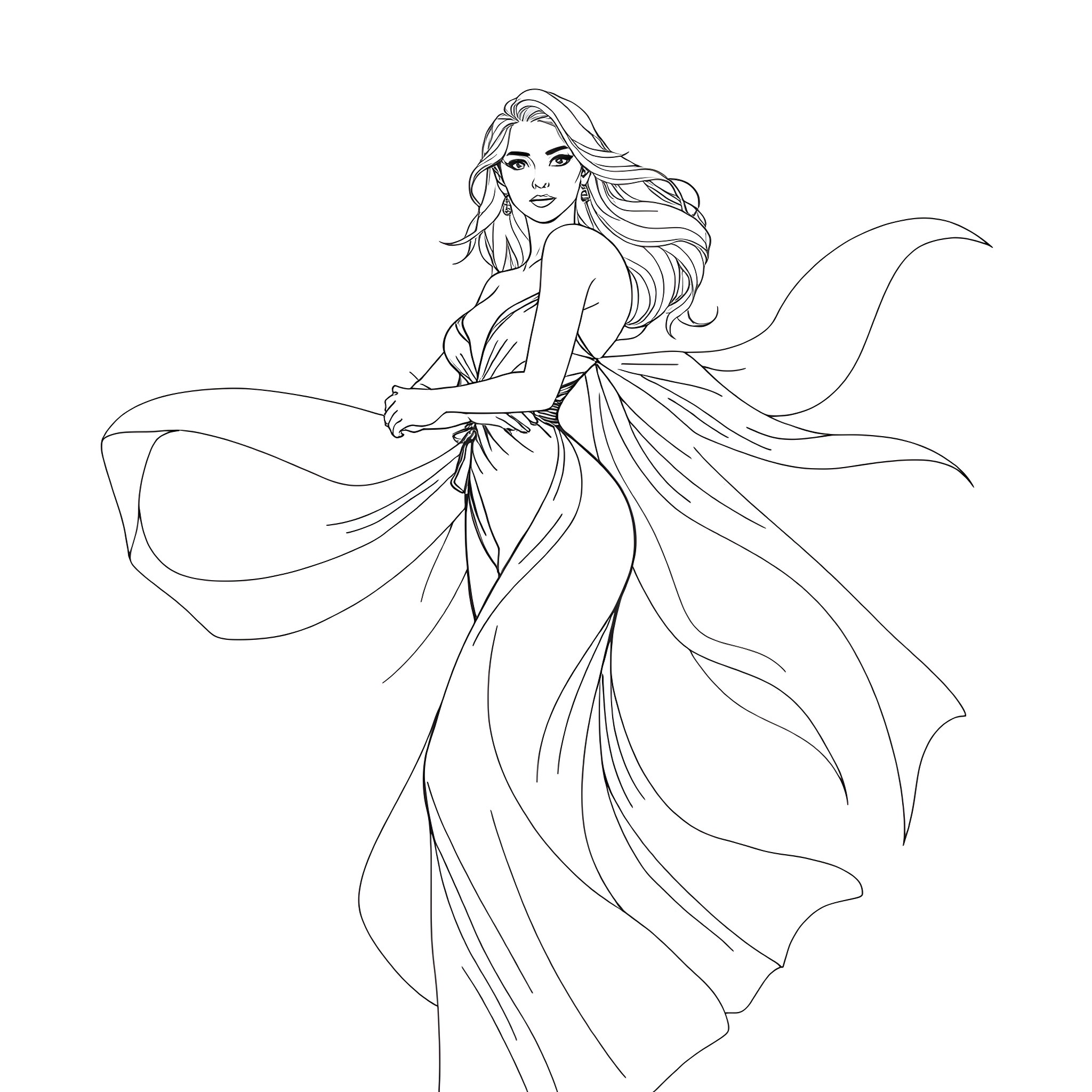 Girl in flowing elegant dress Coloring Page (free black-and-white line drawing printable PDF for all, from beginners to advanced learners, including children, teens, adults, and seniors)