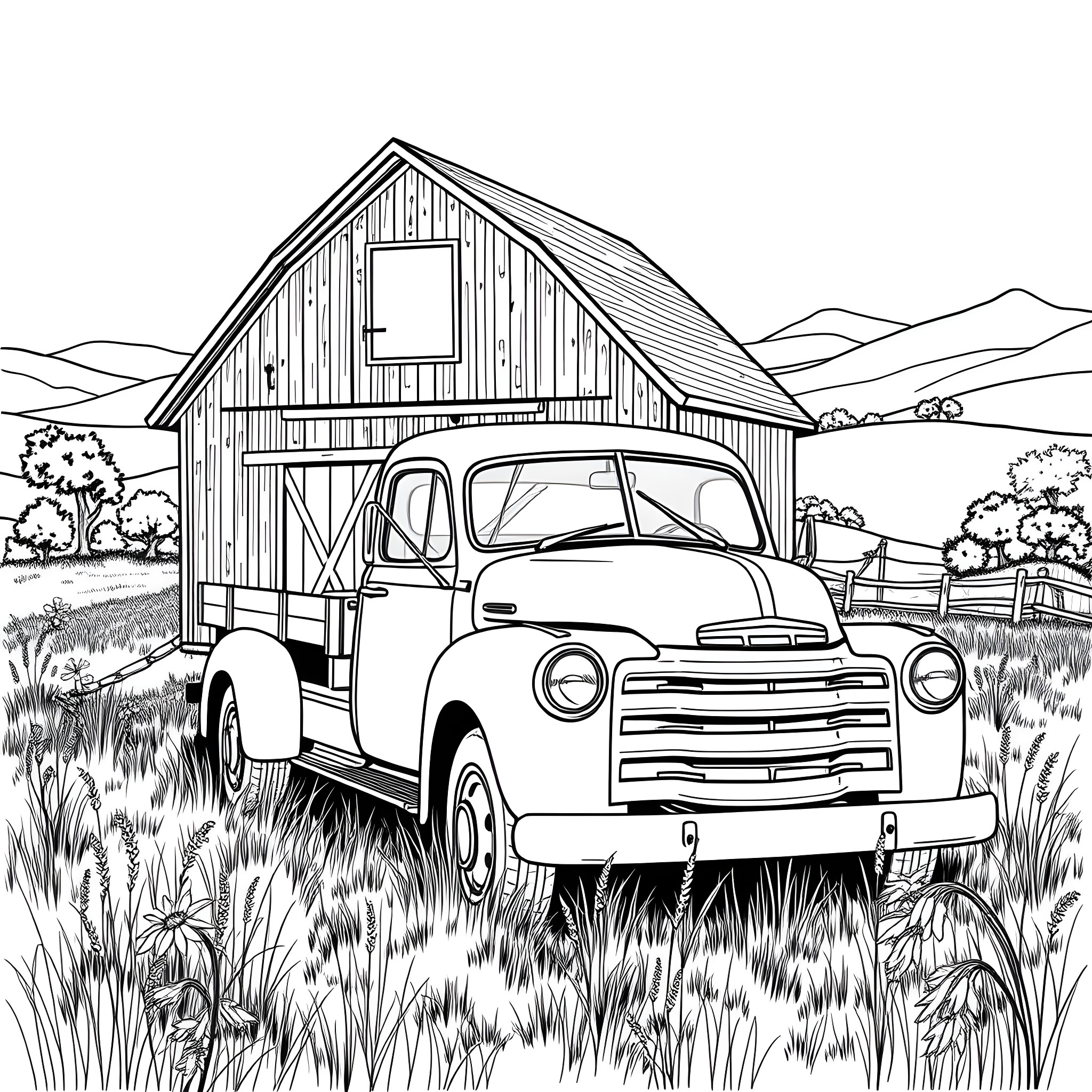 Truck parked in front of rustic barn in countryside Coloring Page (free black-and-white line drawing printable PDF for all, from beginners to advanced learners, including children, teens, adults, and seniors)