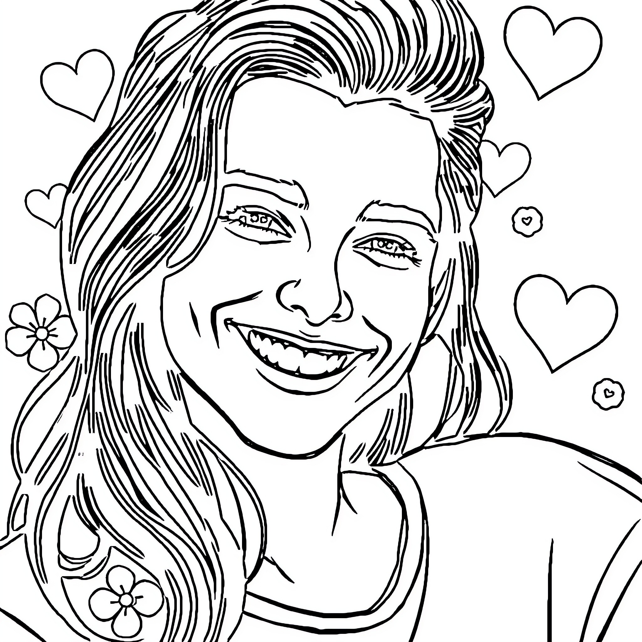 Boyfriend's Joyful Expression and Floral Adornments Coloring Page (free black-and-white line drawing printable PDF for all, from beginners to advanced learners, including children, teens, adults, and seniors)