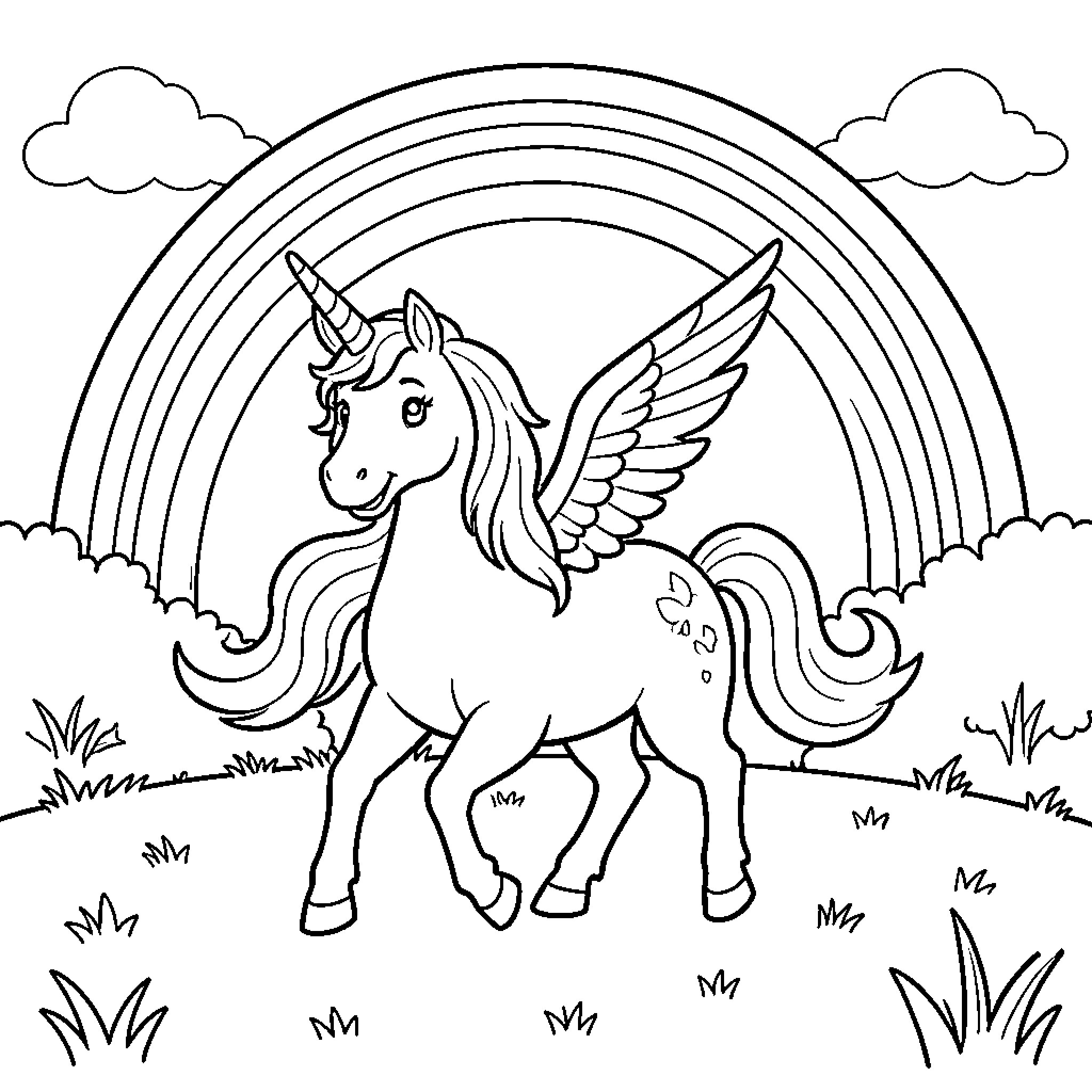 Einhorn magical winged unicorn in enchanted field Coloring Page (free black-and-white line drawing printable PDF for all, from beginners to advanced learners, including children, teens, adults, and seniors)