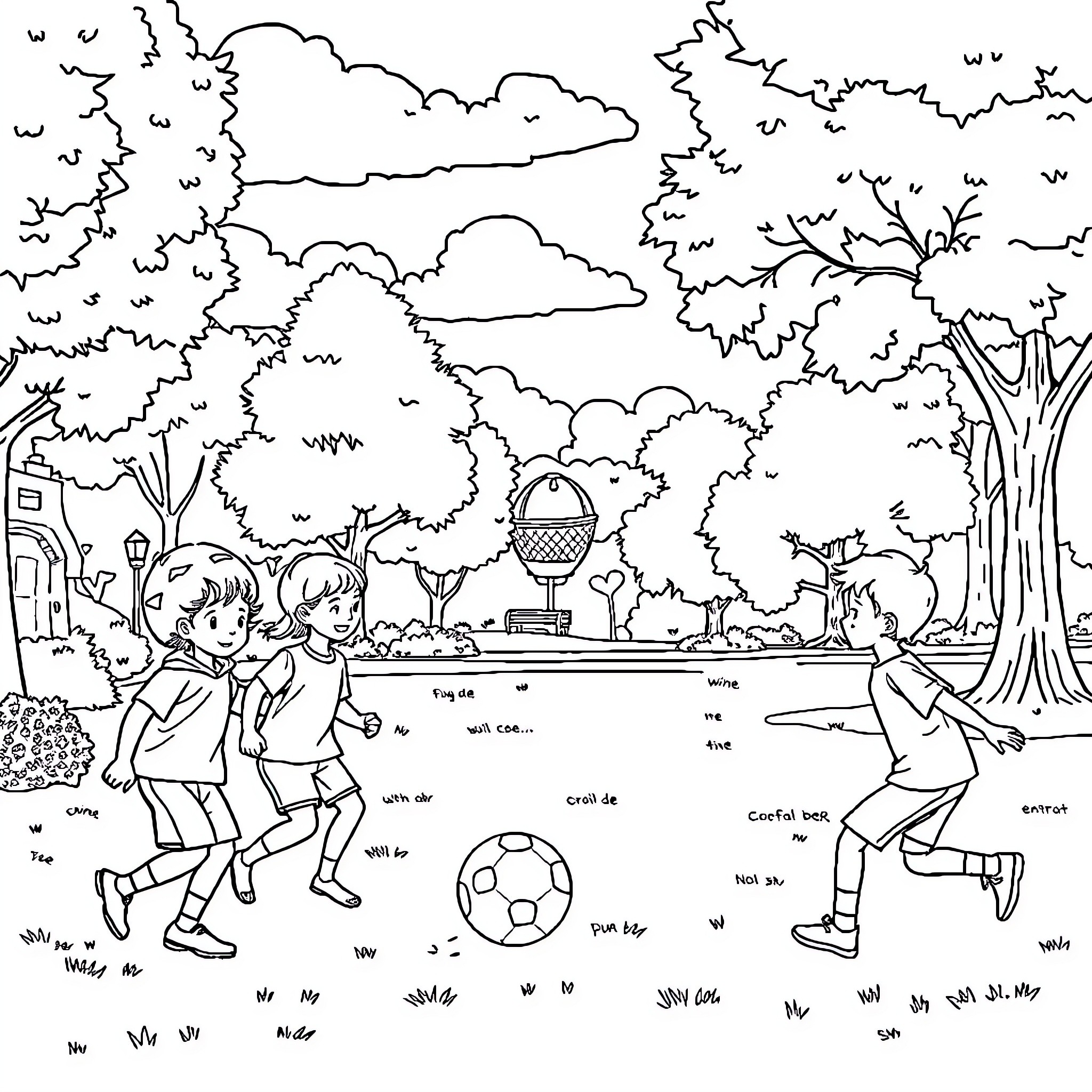 Grandfather playing with grandchildren in the park Coloring Page (free black-and-white line drawing printable PDF for all, from beginners to advanced learners, including children, teens, adults, and seniors)