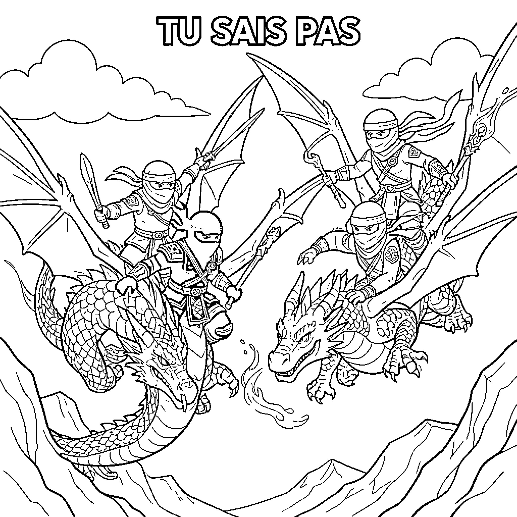 Ninjago warriors riding dragons into battle Coloring Page (free black-and-white line drawing printable PDF for all, from beginners to advanced learners, including children, teens, adults, and seniors)