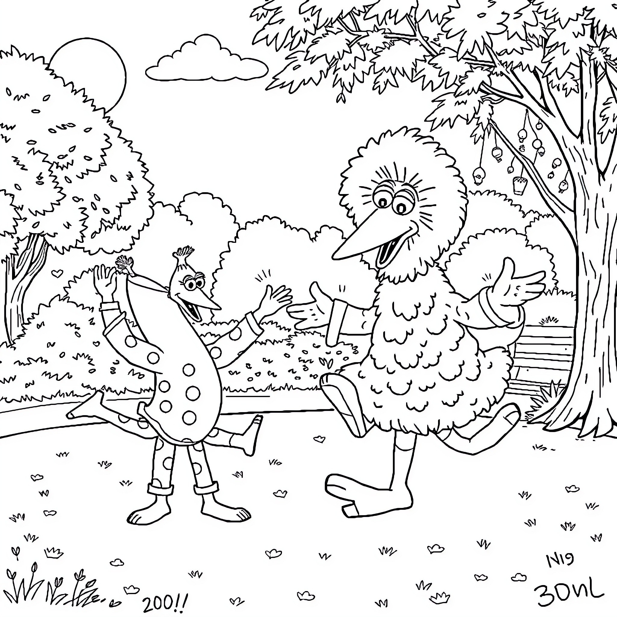 Banana creatures frolicking in the forest Coloring Page (free black-and-white line drawing printable PDF for all, from beginners to advanced learners, including children, teens, adults, and seniors)