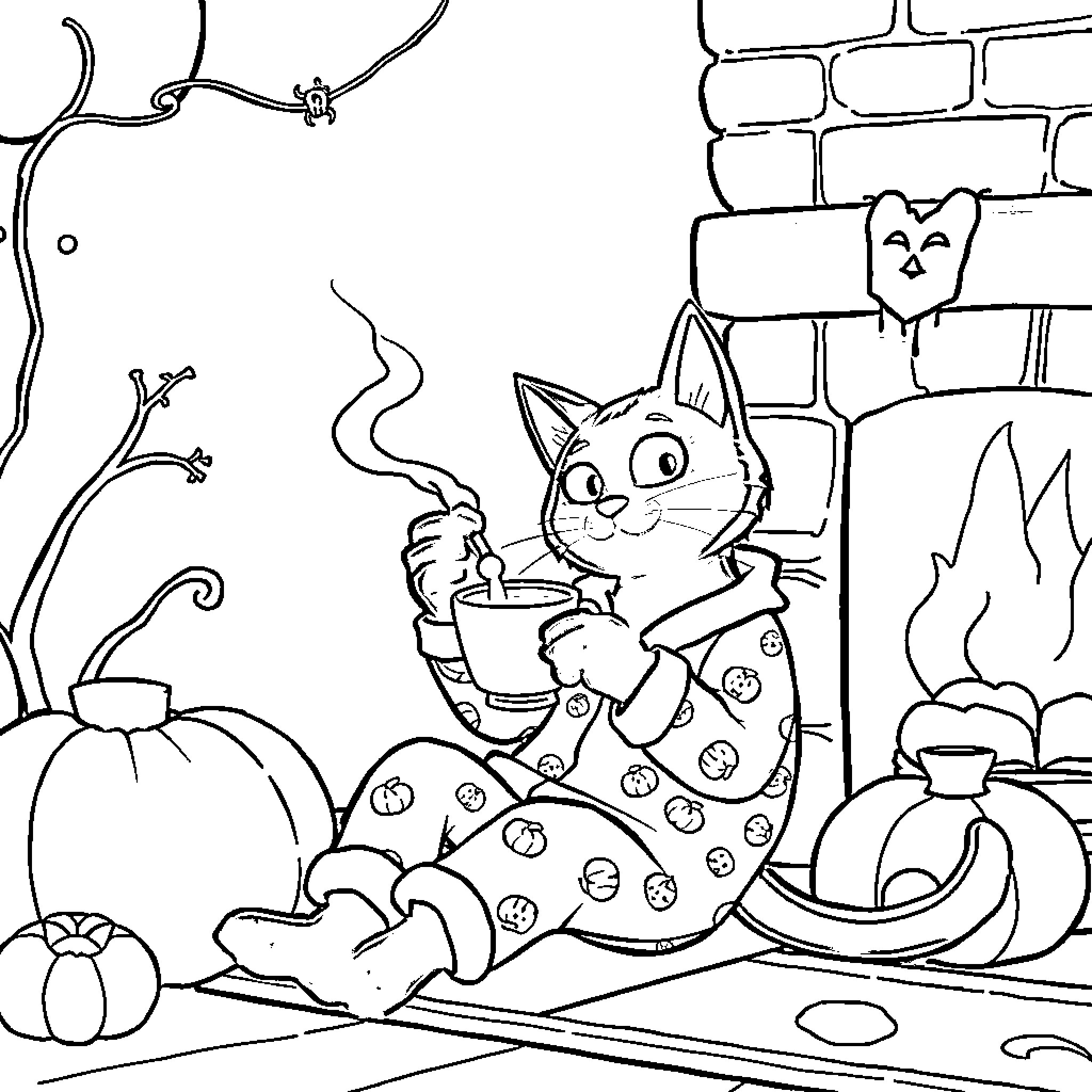 Cat enjoying a warm beverage in a cozy cottage Coloring Page (free black-and-white line drawing printable PDF for all, from beginners to advanced learners, including children, teens, adults, and seniors)