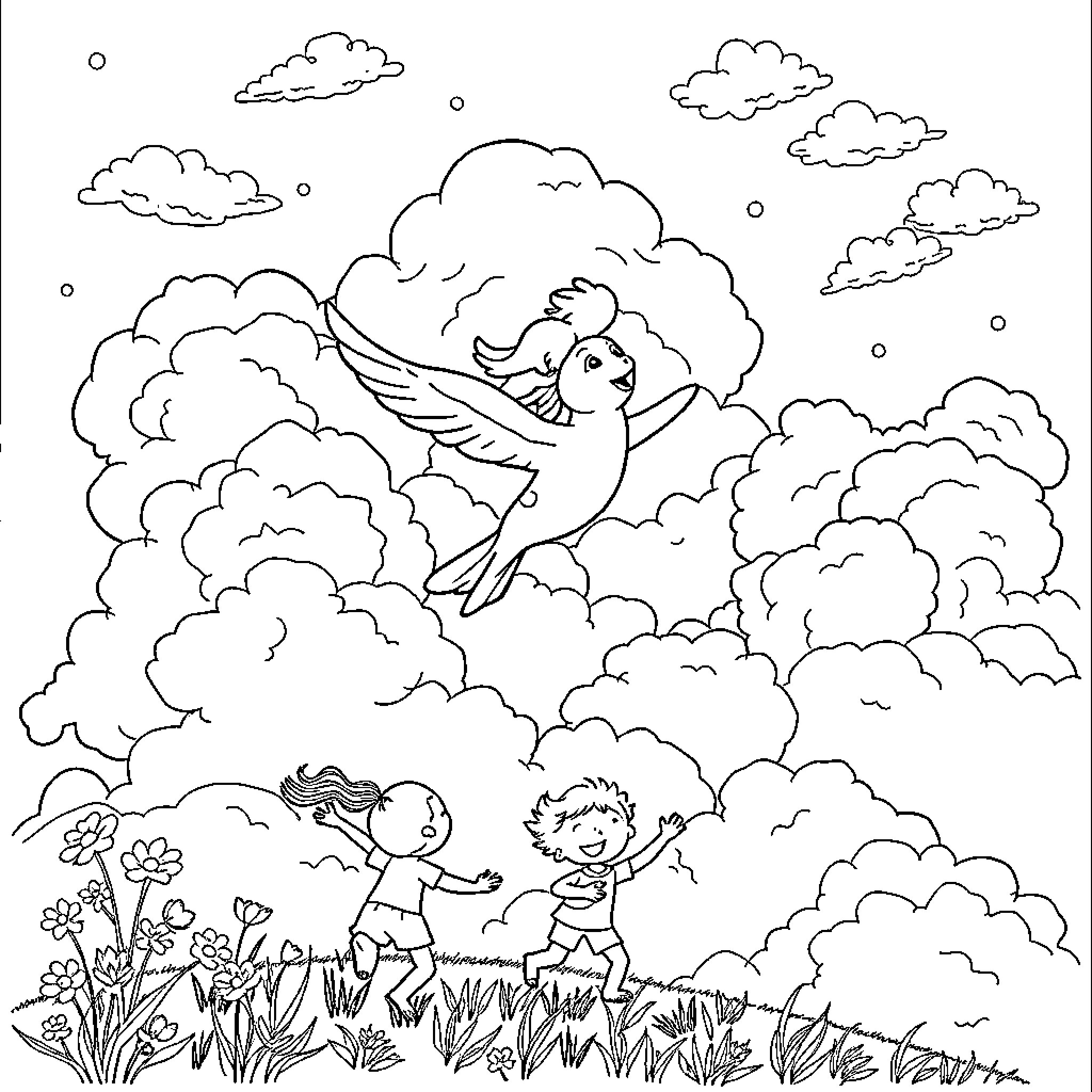 Dinosaur friends playing in the clouds Coloring Page (free black-and-white line drawing printable PDF for all, from beginners to advanced learners, including children, teens, adults, and seniors)