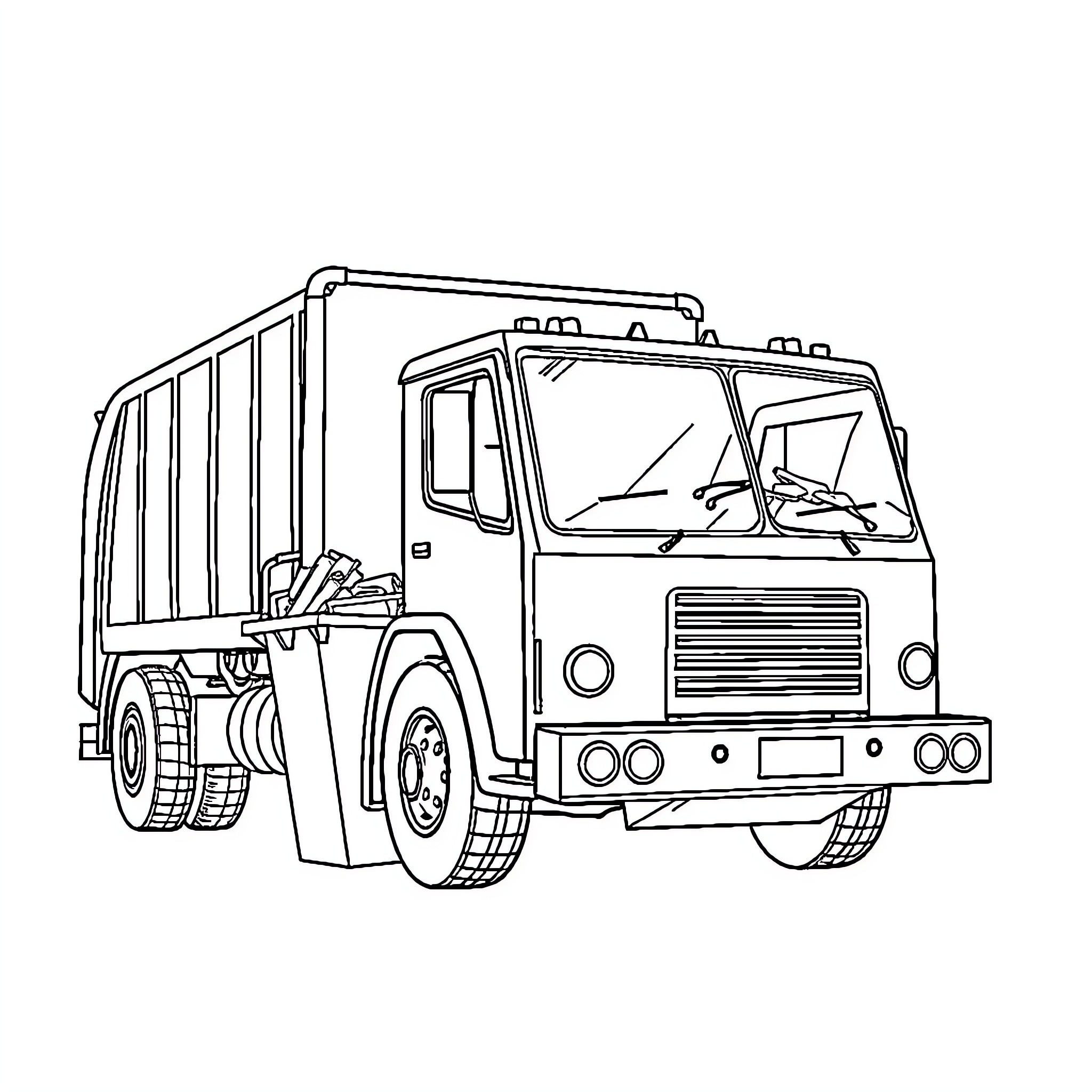 Trash Truck Collecting Waste in the City Coloring Page (free black-and-white line drawing printable PDF for all, from beginners to advanced learners, including children, teens, adults, and seniors)