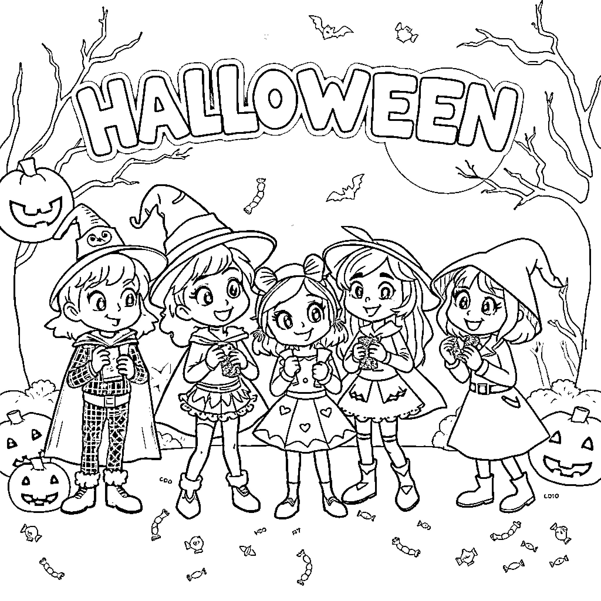 Bluey and friends enjoying Halloween costumes Coloring Page (free black-and-white line drawing printable PDF for all, from beginners to advanced learners, including children, teens, adults, and seniors)