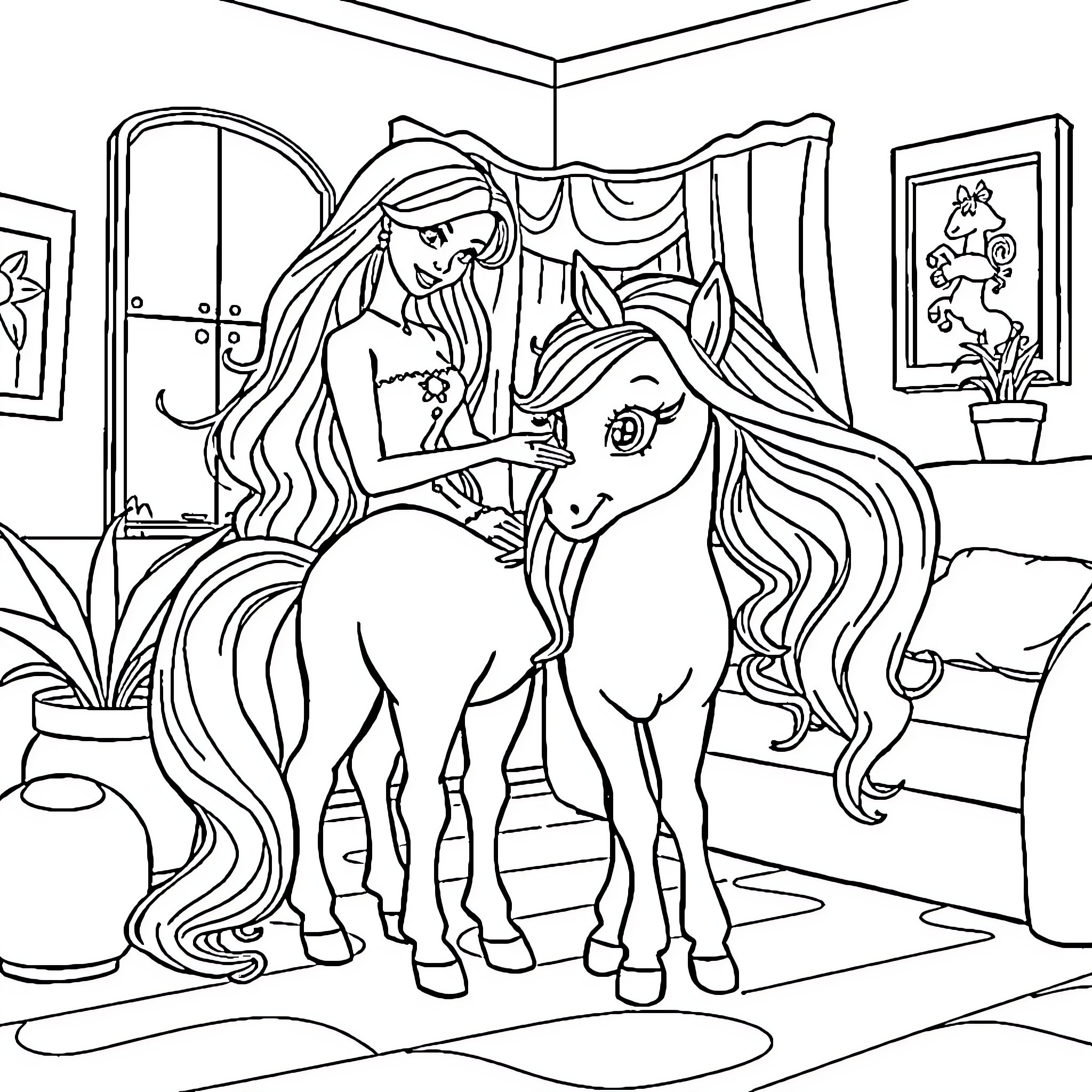 Barbie brushing and caring for her magical unicorn Coloring Page (free black-and-white line drawing printable PDF for all, from beginners to advanced learners, including children, teens, adults, and seniors)