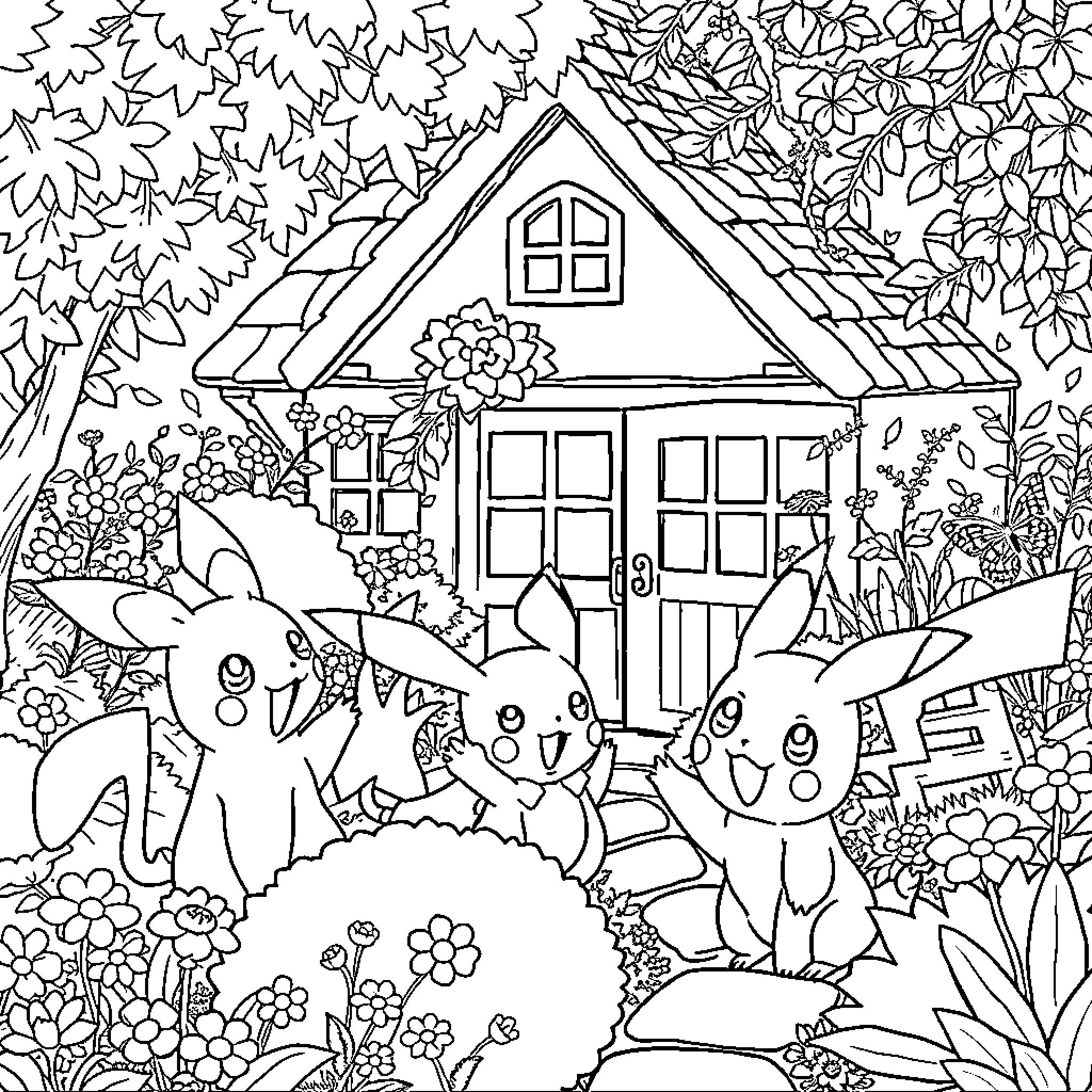 Pokémon characters enjoying the outdoors near a cottage Coloring Page (free black-and-white line drawing printable PDF for all, from beginners to advanced learners, including children, teens, adults, and seniors)