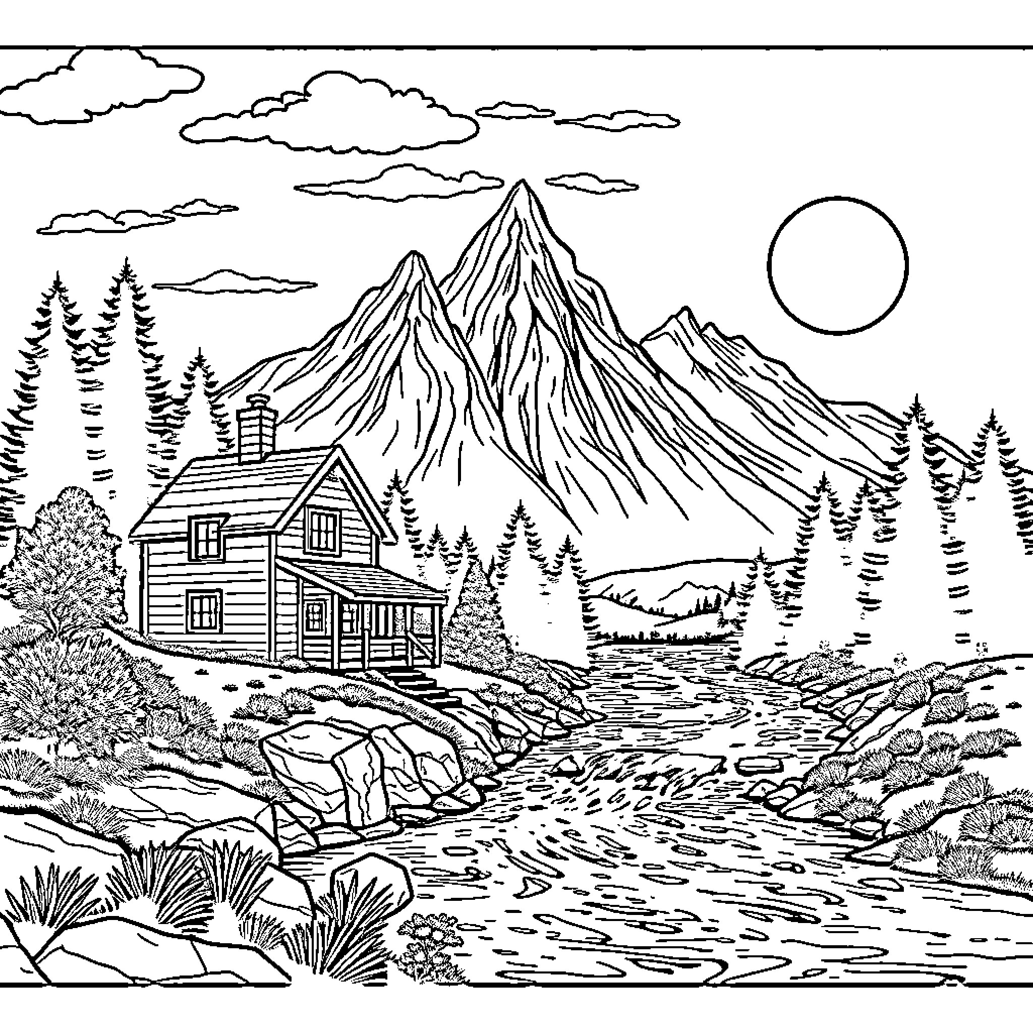 House in the Majestic Mountain Landscape Coloring Page (free black-and-white line drawing printable PDF for all, from beginners to advanced learners, including children, teens, adults, and seniors)