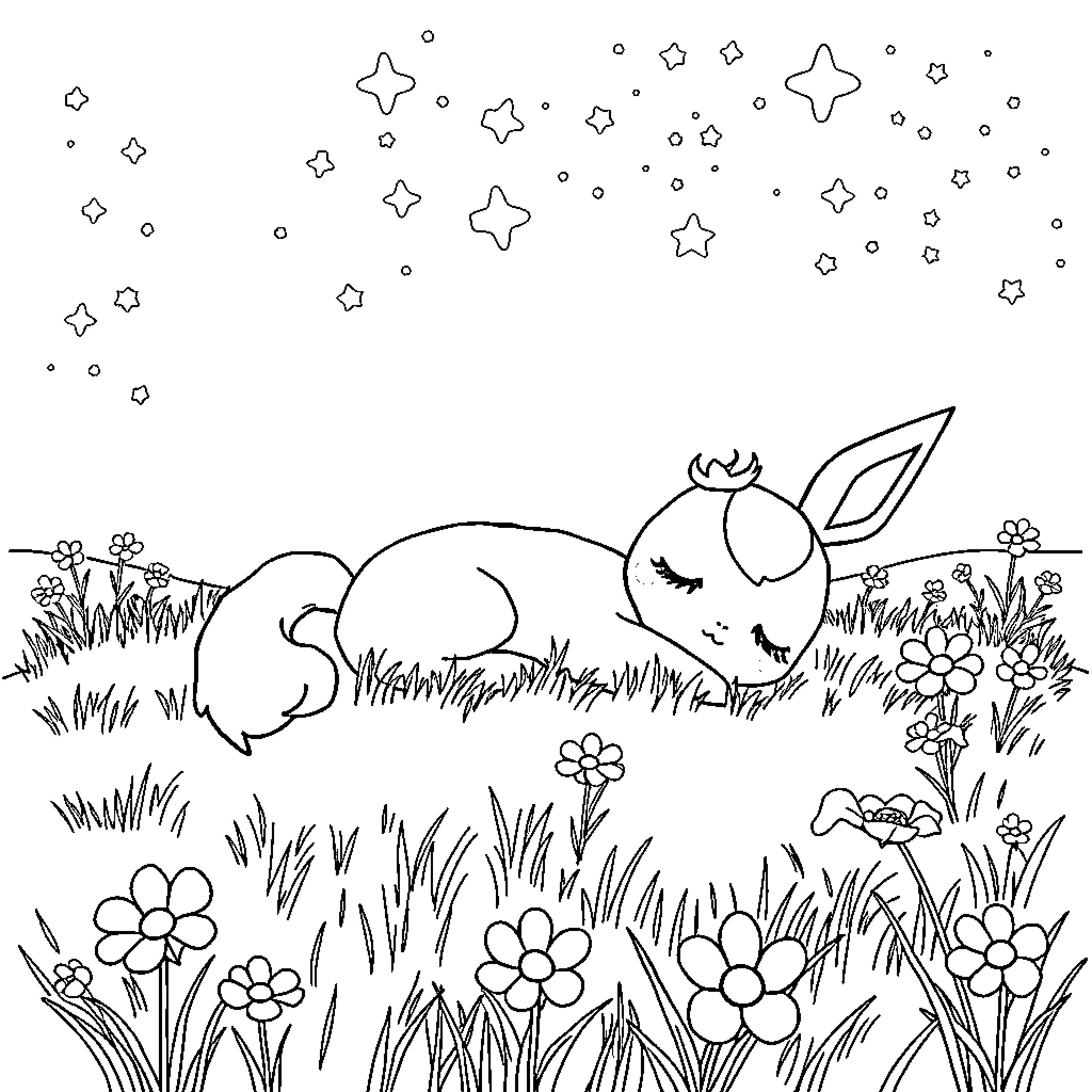 Umbreon resting peacefully in a starry field Coloring Page (free black-and-white line drawing printable PDF for all, from beginners to advanced learners, including children, teens, adults, and seniors)