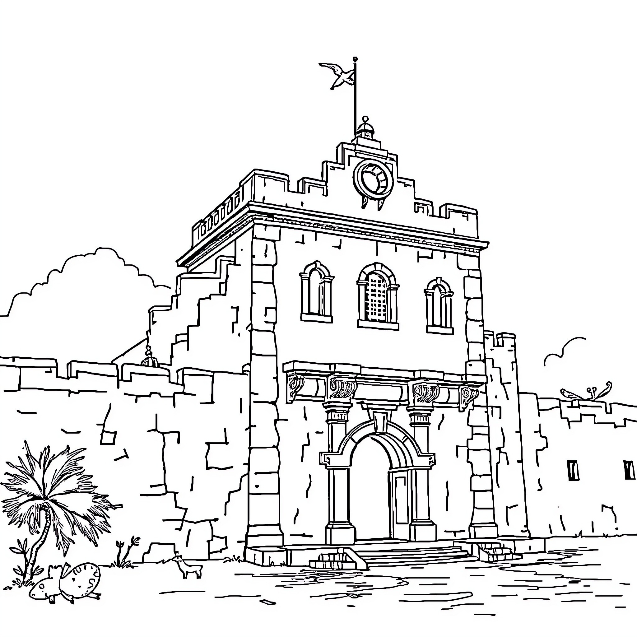Fuerte de San Felipe: Architectural Details and Landscape Coloring Page (free black-and-white line drawing printable PDF for all, from beginners to advanced learners, including children, teens, adults, and seniors)