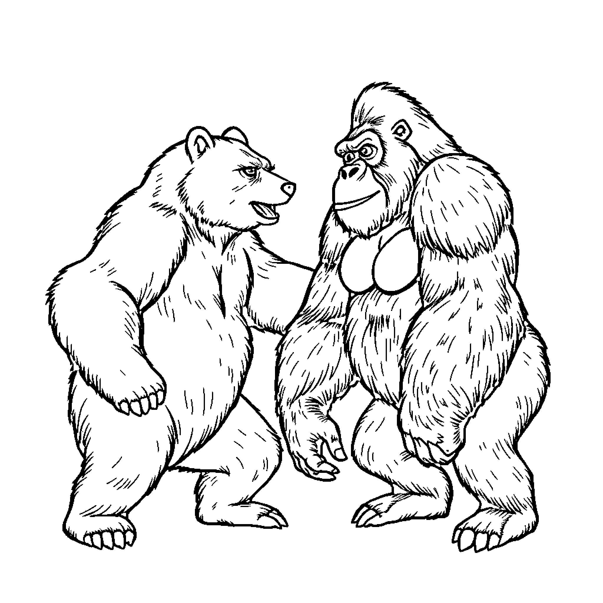 Bear friends enjoying an animated conversation Coloring Page (free black-and-white line drawing printable PDF for all, from beginners to advanced learners, including children, teens, adults, and seniors)