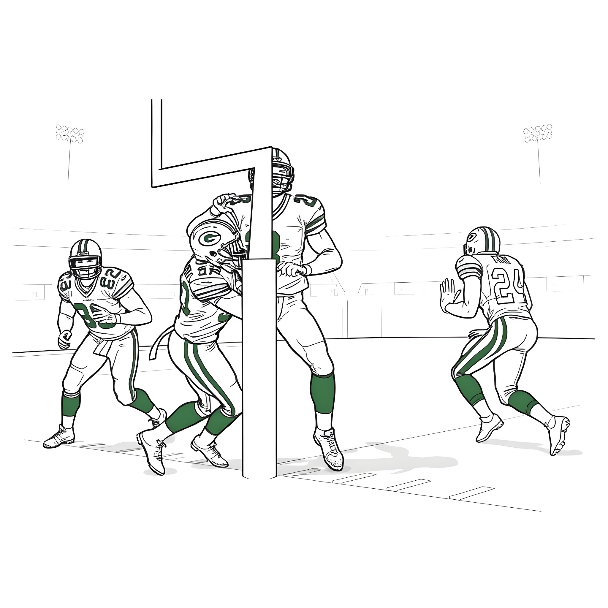 Football Players Competing Intensely on the Field Coloring Page (free black-and-white line drawing printable PDF for all, from beginners to advanced learners, including children, teens, adults, and seniors)