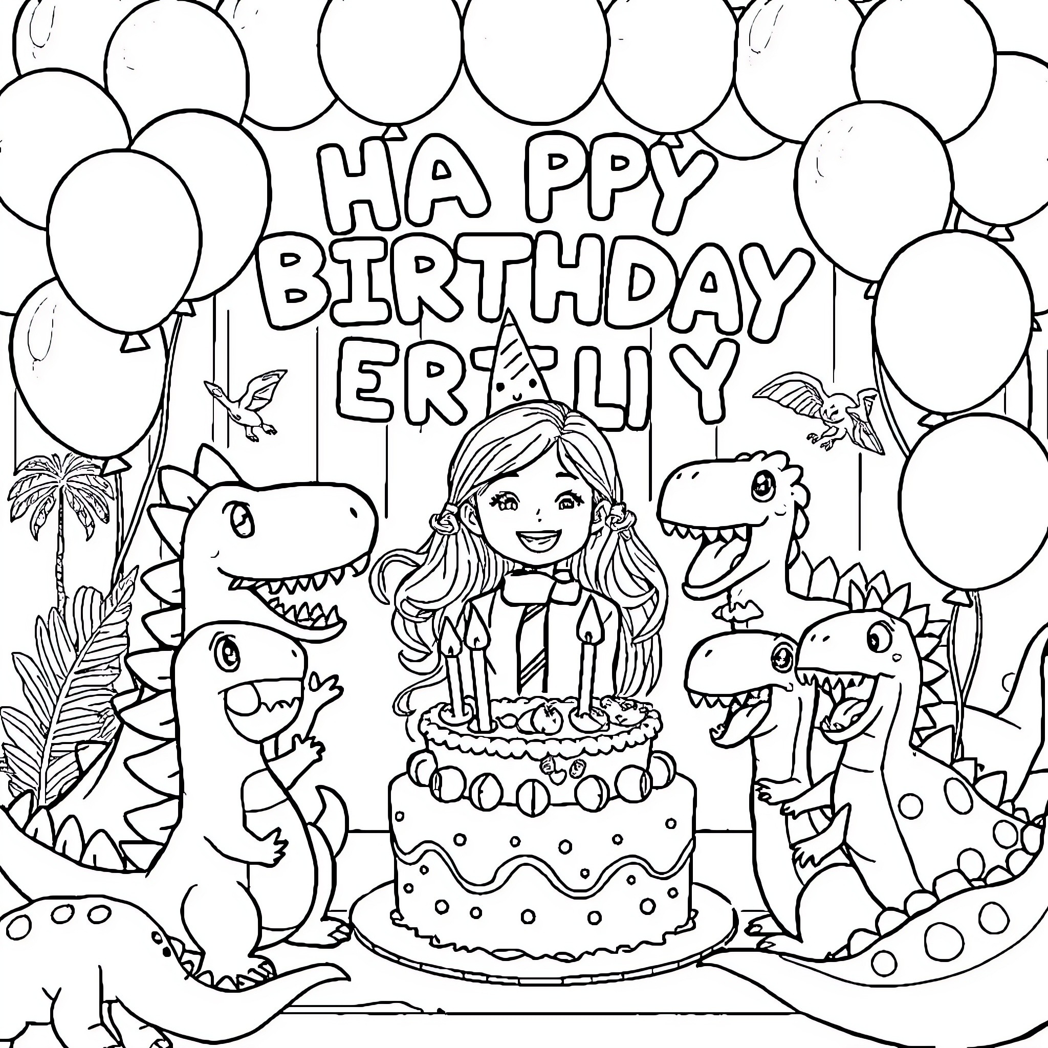 Dinosaur birthday party with girl and cake Coloring Page (free black-and-white line drawing printable PDF for all, from beginners to advanced learners, including children, teens, adults, and seniors)