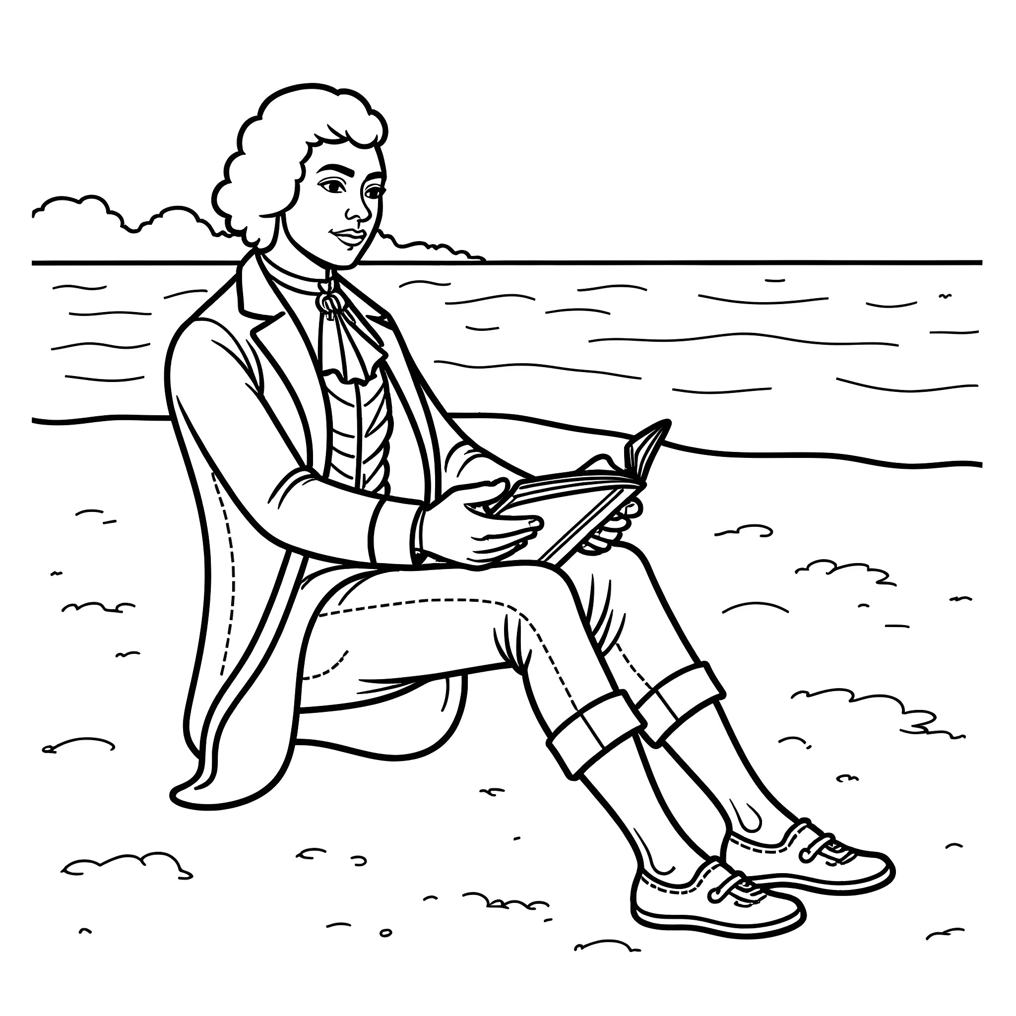 Alexander Hamilton seated outdoors with book Coloring Page (free black-and-white line drawing printable PDF for all, from beginners to advanced learners, including children, teens, adults, and seniors)
