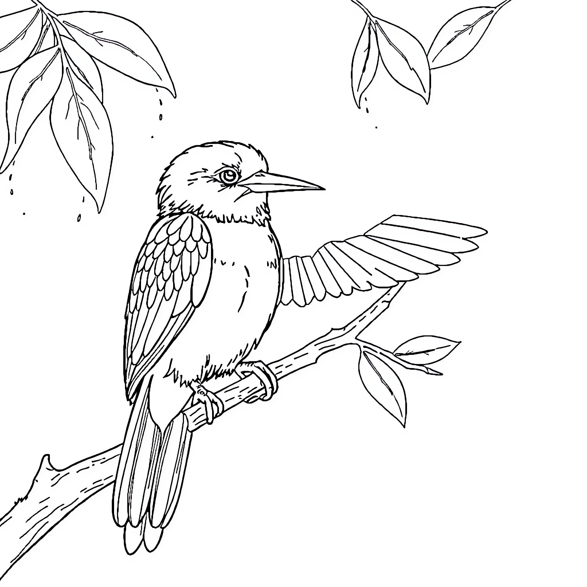 Parrot perched on branch with leaves Coloring Page (free black-and-white line drawing printable PDF for all, from beginners to advanced learners, including children, teens, adults, and seniors)