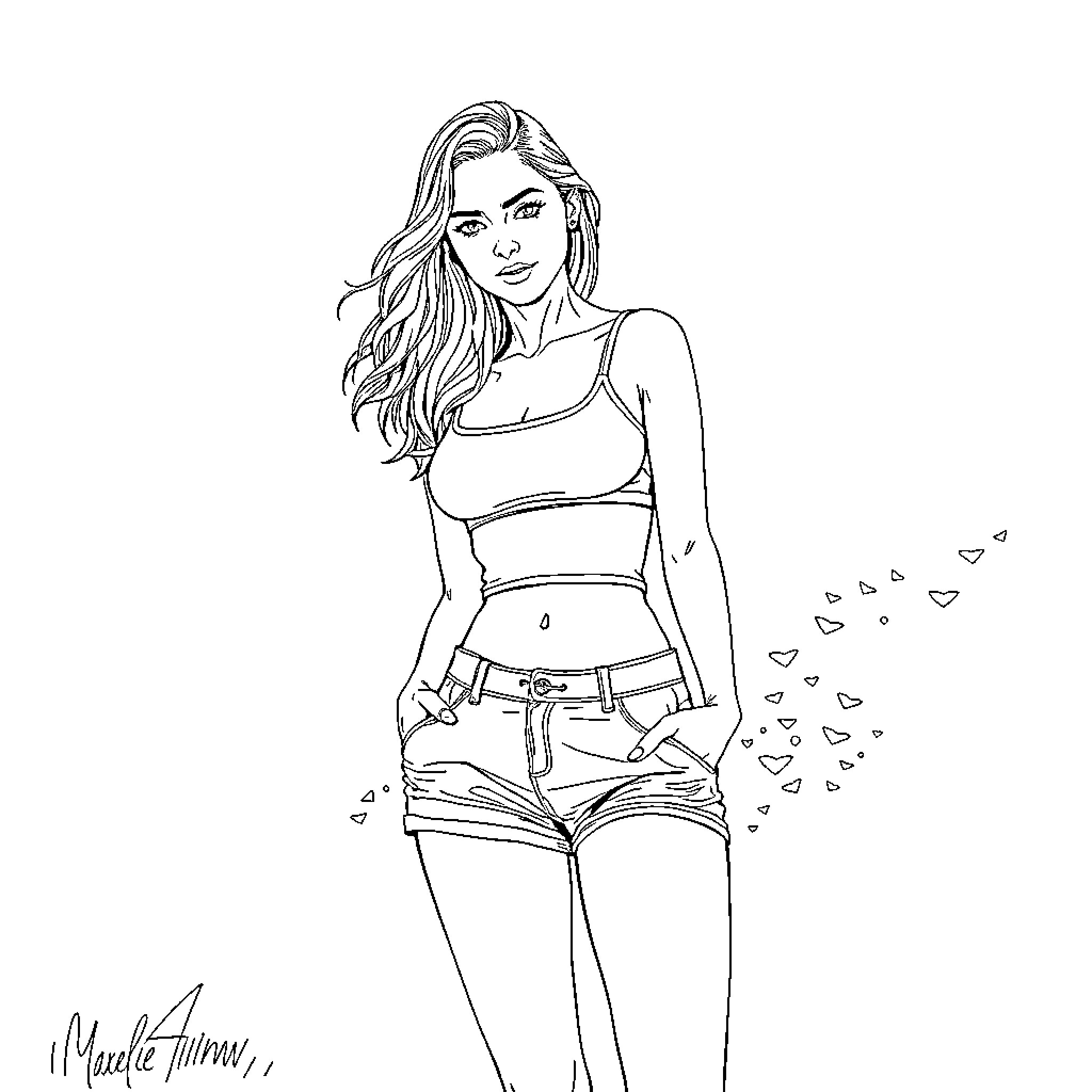 Woman posing confidently in trendy outfit Coloring Page (free black-and-white line drawing printable PDF for all, from beginners to advanced learners, including children, teens, adults, and seniors)