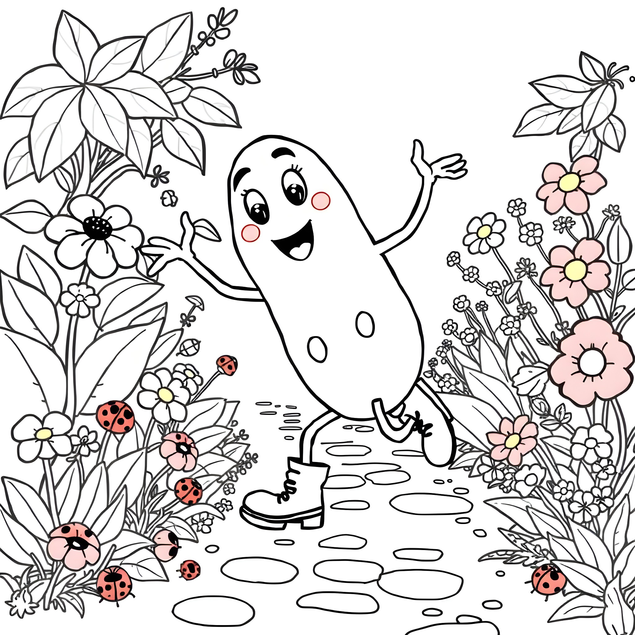 Bean character exploring a floral garden Coloring Page (free black-and-white line drawing printable PDF for all, from beginners to advanced learners, including children, teens, adults, and seniors)