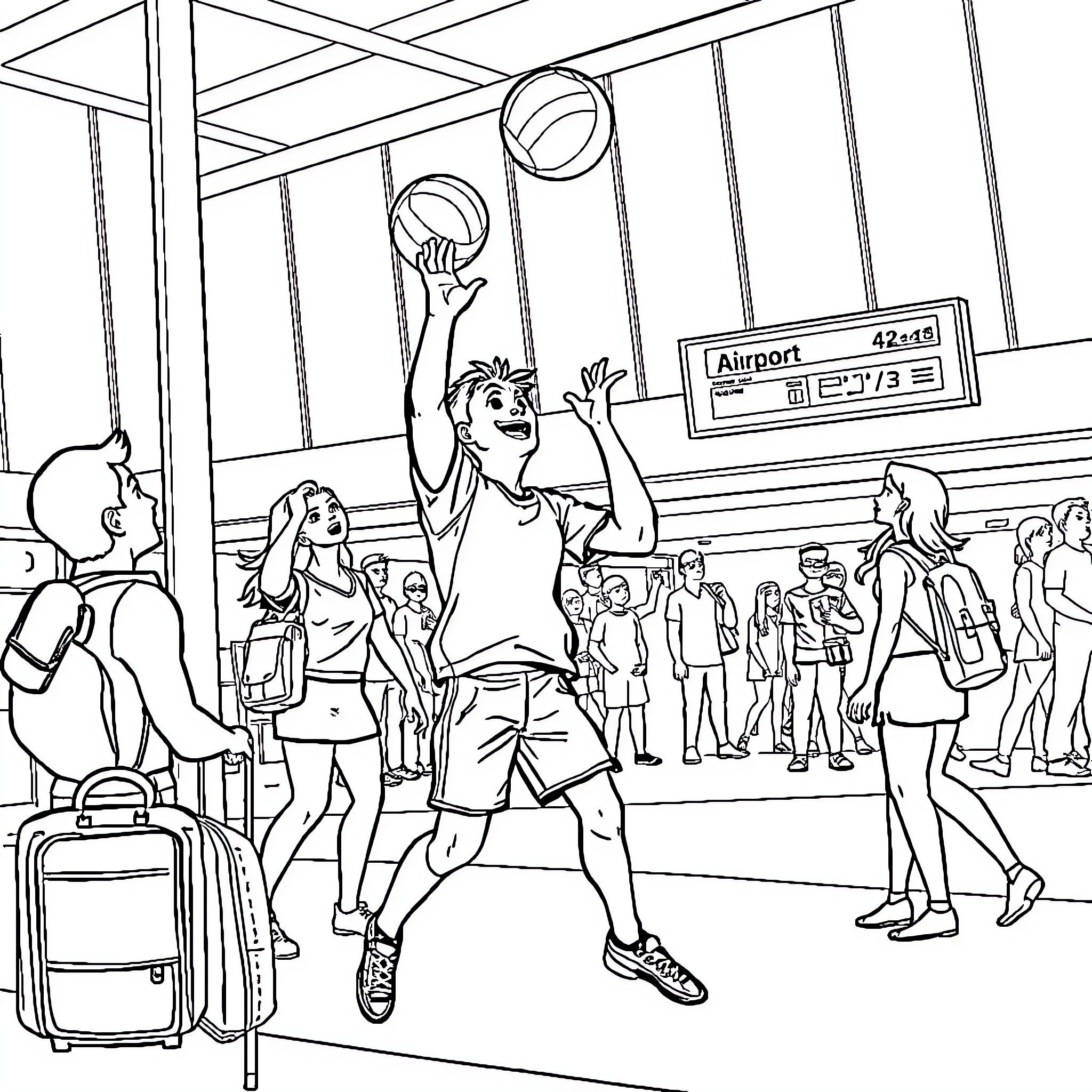 Hego Playing Basketball at the Airport Terminal Coloring Page (free black-and-white line drawing printable PDF for all, from beginners to advanced learners, including children, teens, adults, and seniors)