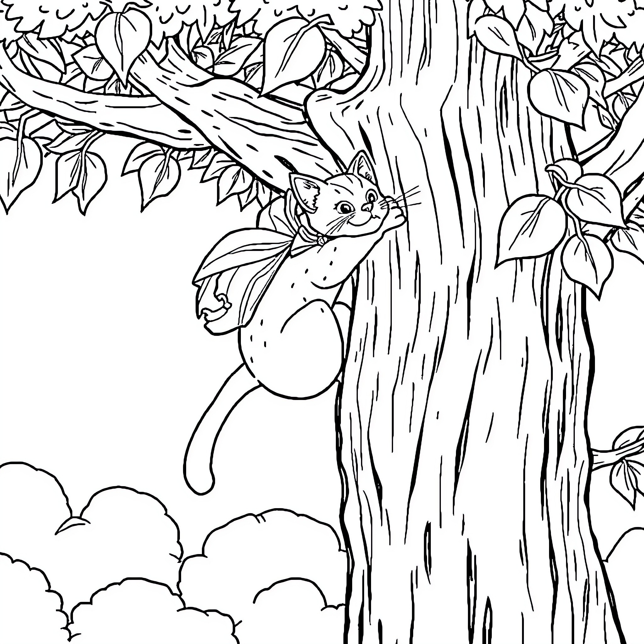 Firefighter rescues kitten from tree in forest Coloring Page (free black-and-white line drawing printable PDF for all, from beginners to advanced learners, including children, teens, adults, and seniors)