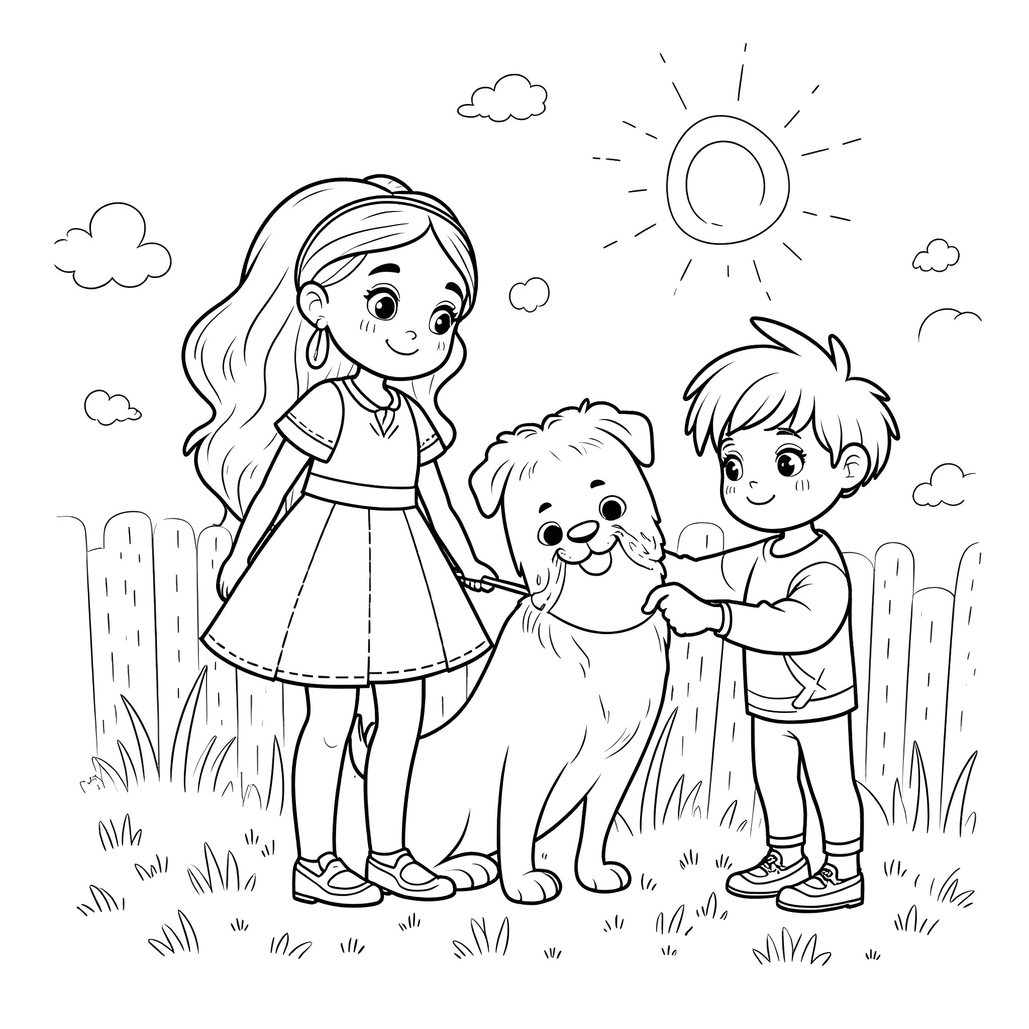 Child playing with dog and friend in the park Coloring Page (free black-and-white line drawing printable PDF for all, from beginners to advanced learners, including children, teens, adults, and seniors)