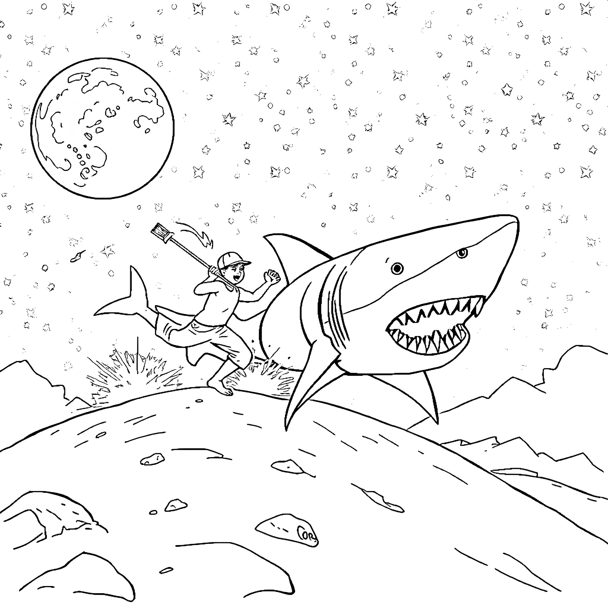 Justin Jefferies battles a ferocious shark under the stars Coloring Page (free black-and-white line drawing printable PDF for all, from beginners to advanced learners, including children, teens, adults, and seniors)