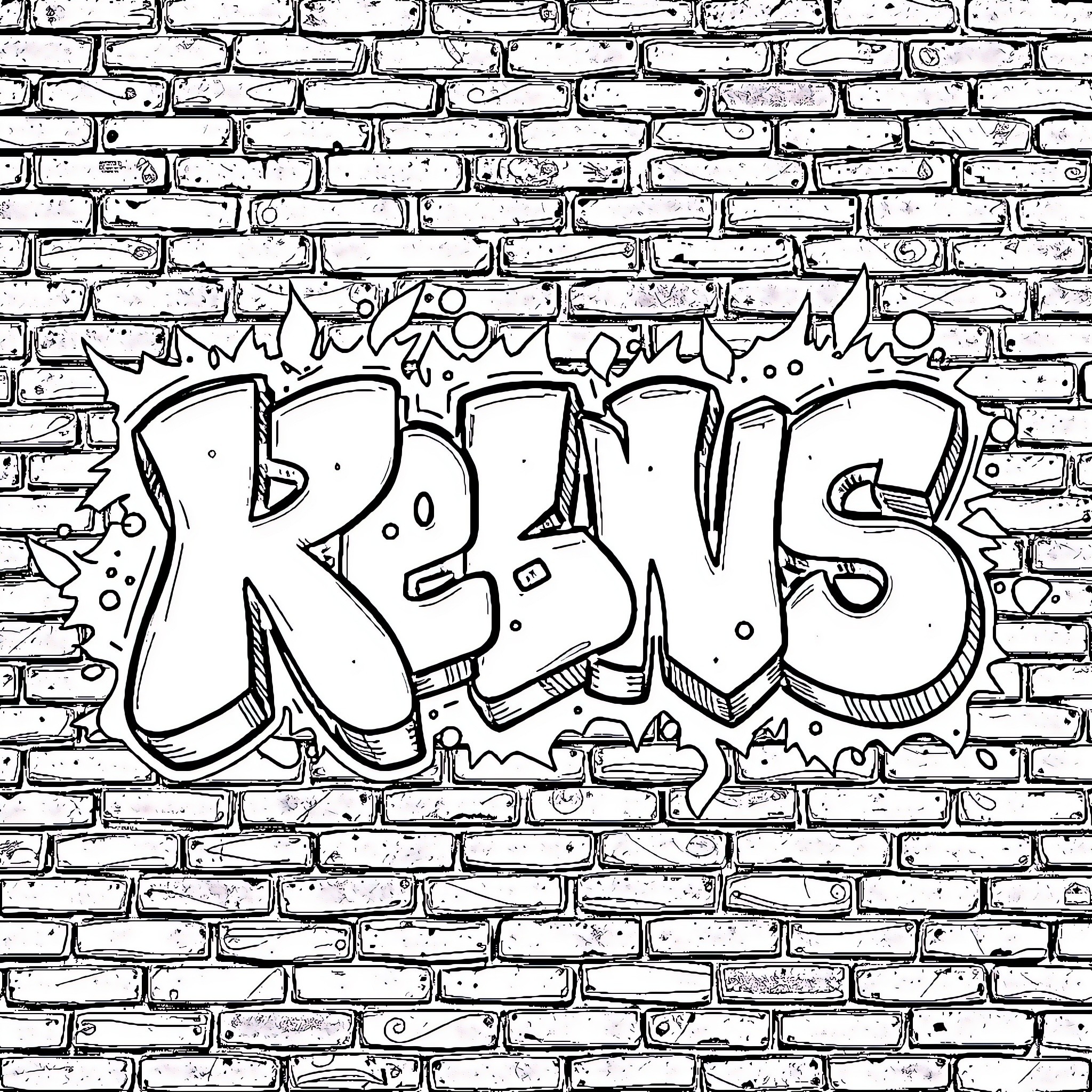 Graffiti art on brick wall Coloring Page (free black-and-white line drawing printable PDF for all, from beginners to advanced learners, including children, teens, adults, and seniors)