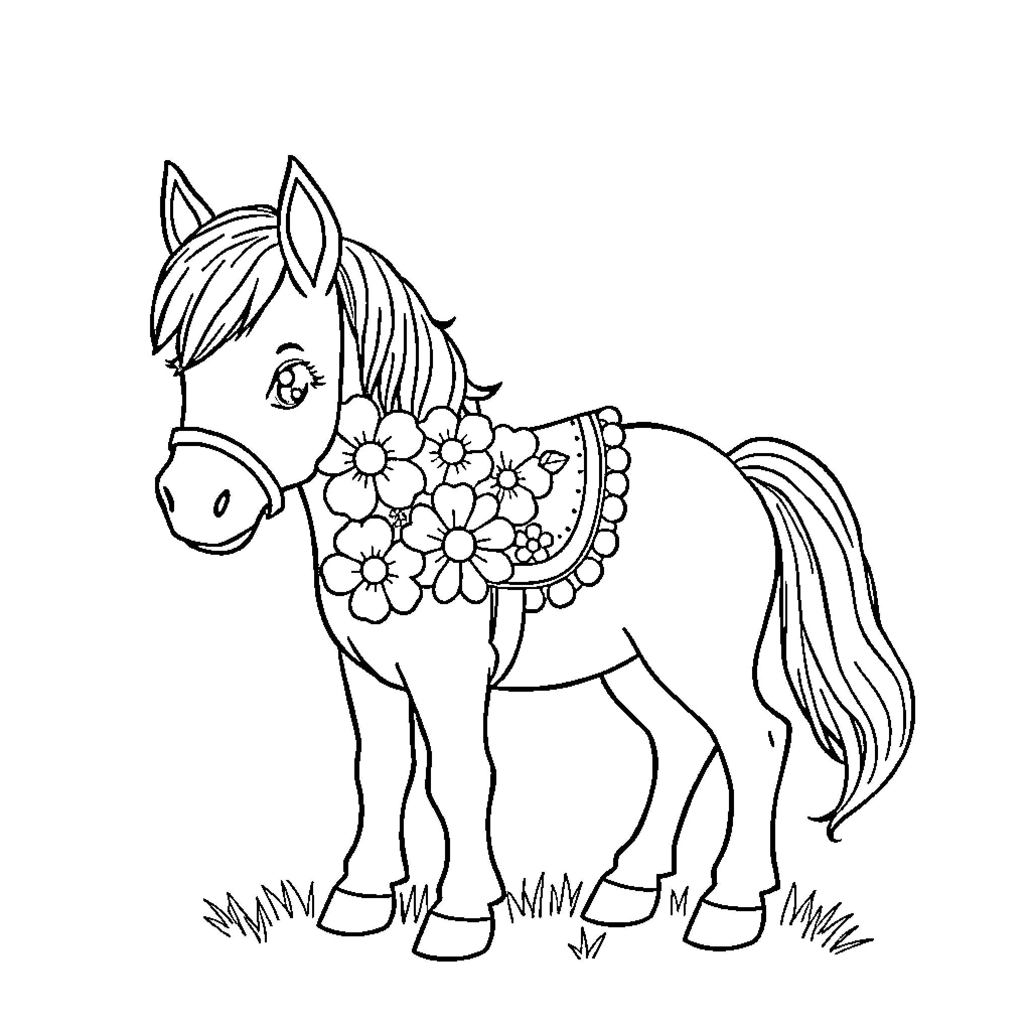 Pony decorated with flowers and patterns Coloring Page (free black-and-white line drawing printable PDF for all, from beginners to advanced learners, including children, teens, adults, and seniors)