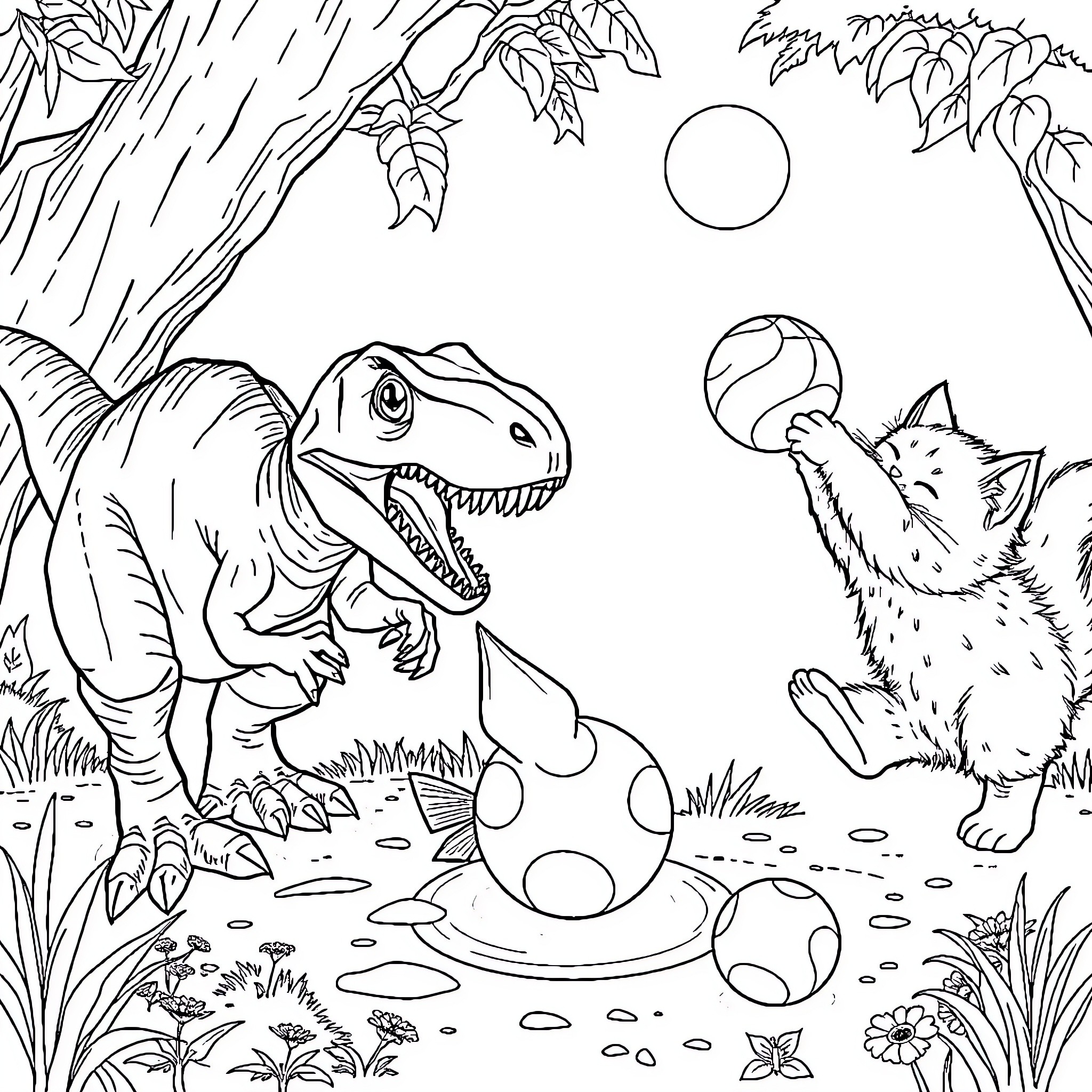 Velociraptor encounters a wolf in the wilderness Coloring Page (free black-and-white line drawing printable PDF for all, from beginners to advanced learners, including children, teens, adults, and seniors)