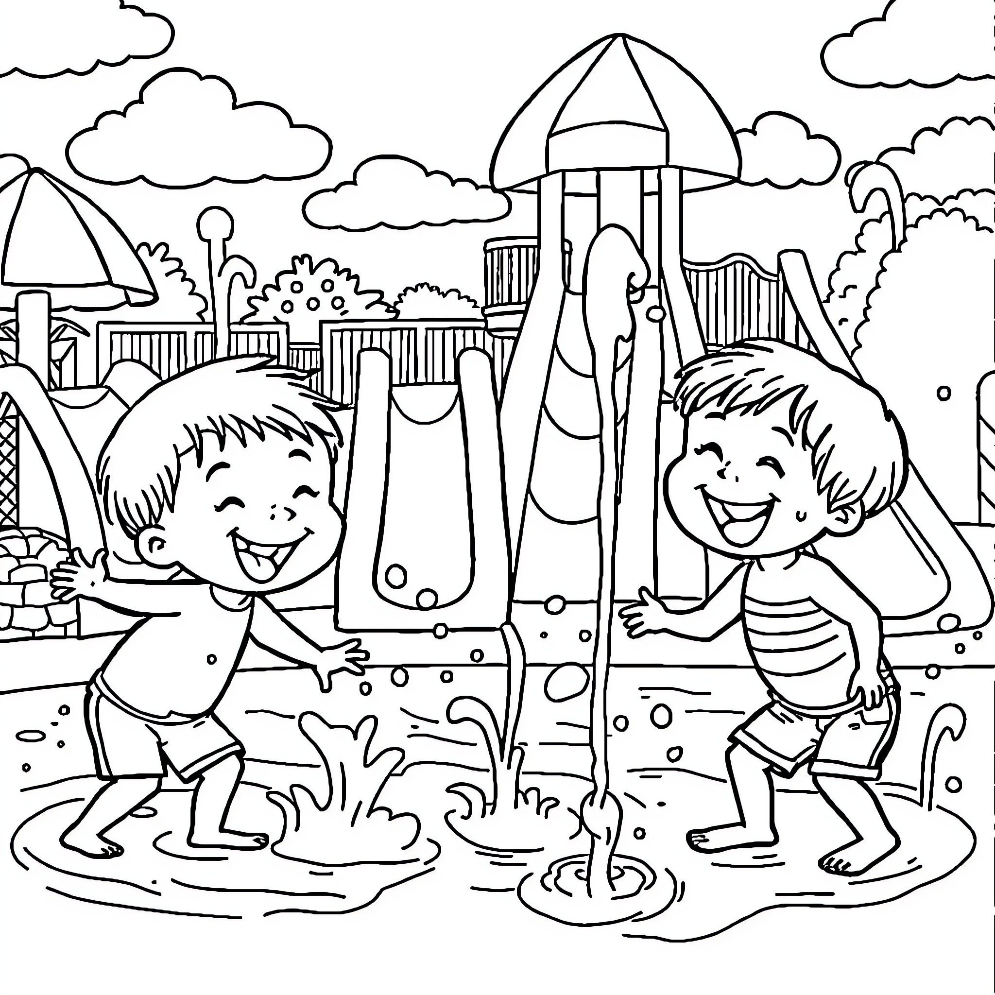 Preschoolers having fun at the playground Coloring Page (free black-and-white line drawing printable PDF for all, from beginners to advanced learners, including children, teens, adults, and seniors)