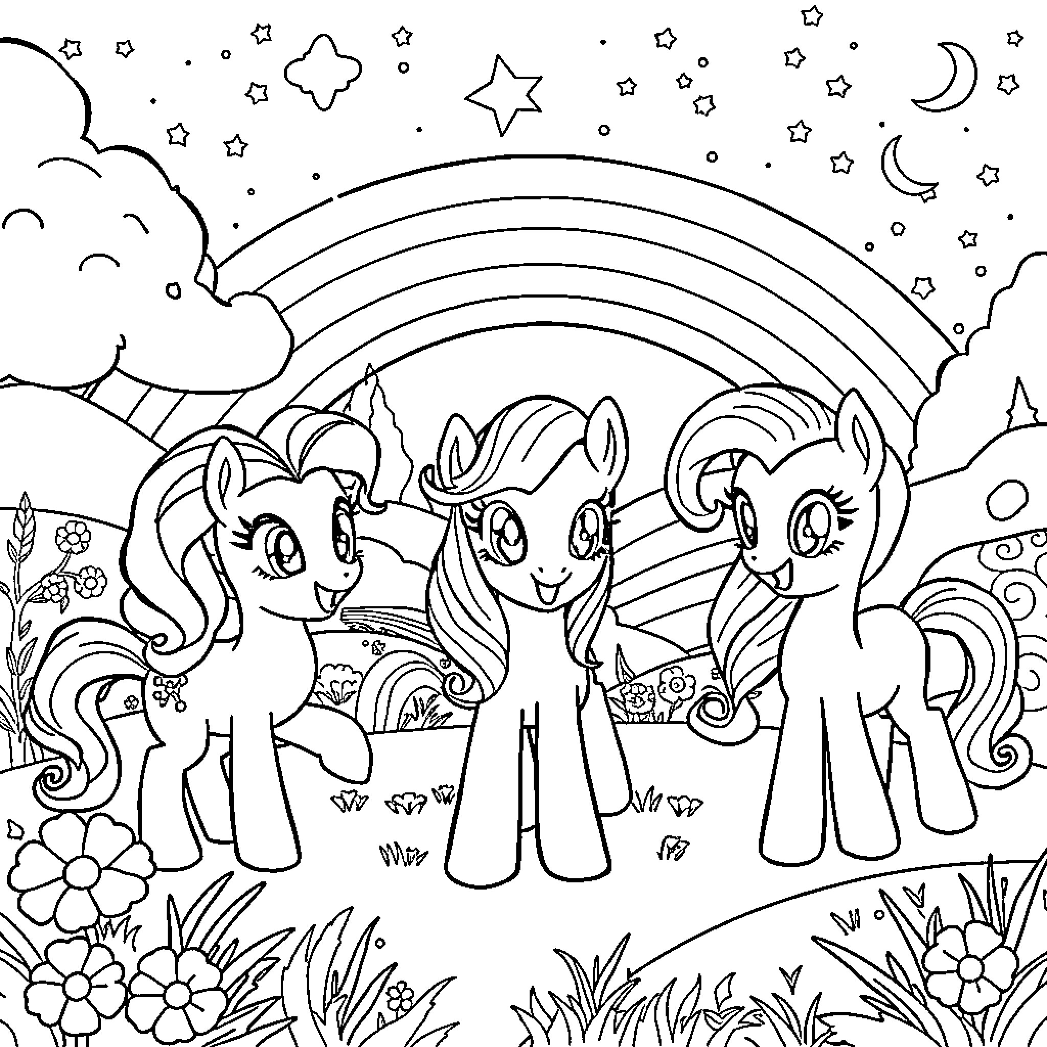 Pony friends enjoying the rainbow and starry night Coloring Page (free black-and-white line drawing printable PDF for all, from beginners to advanced learners, including children, teens, adults, and seniors)