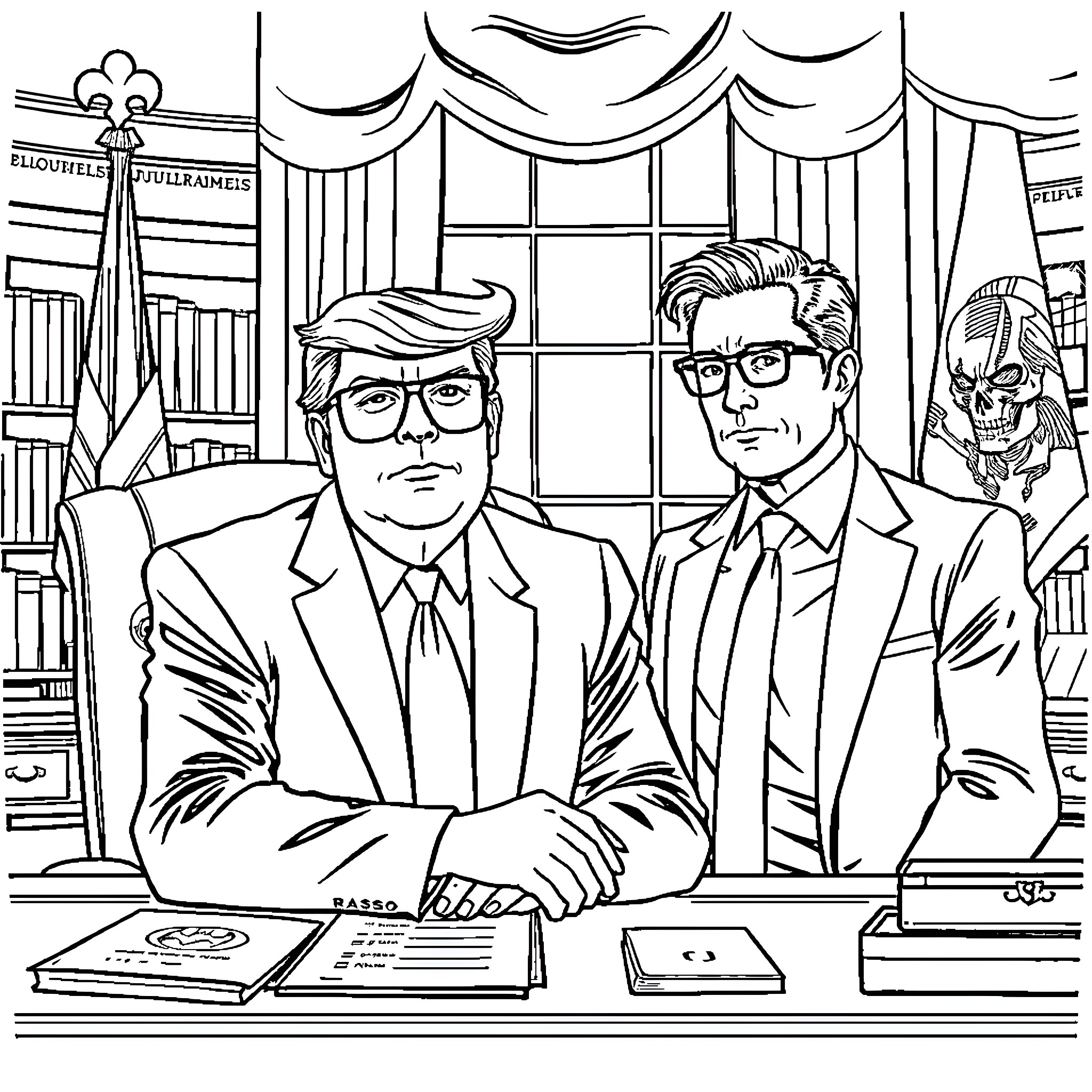 Donald Trump in a formal political setting with other men Coloring Page (free black-and-white line drawing printable PDF for all, from beginners to advanced learners, including children, teens, adults, and seniors)