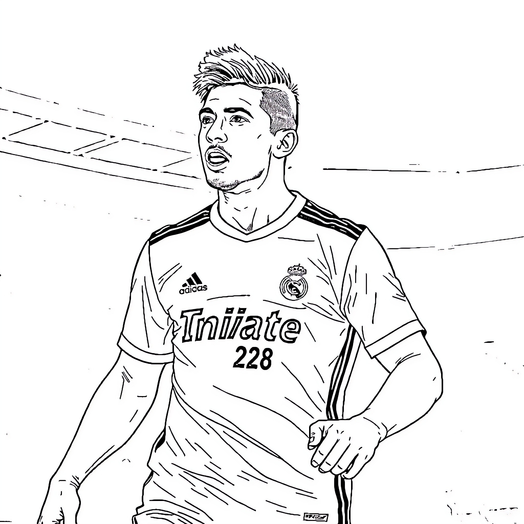 VITINHA in soccer uniform playing on the field Coloring Page (free black-and-white line drawing printable PDF for all, from beginners to advanced learners, including children, teens, adults, and seniors)