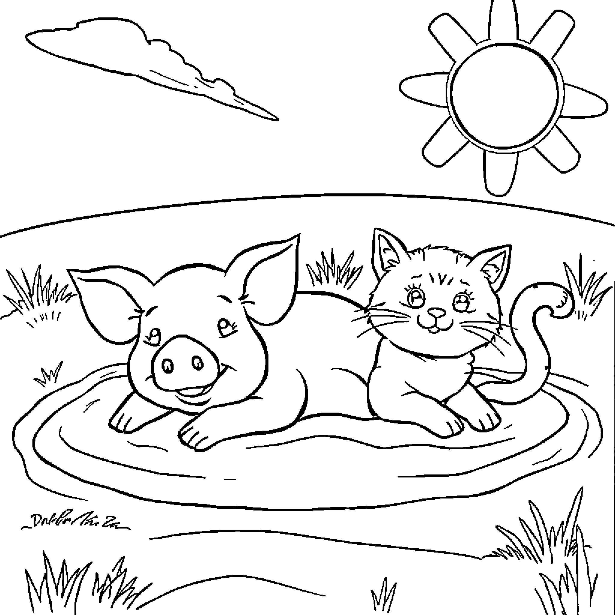 Pig and cat relaxing in the sun Coloring Page (free black-and-white line drawing printable PDF for all, from beginners to advanced learners, including children, teens, adults, and seniors)