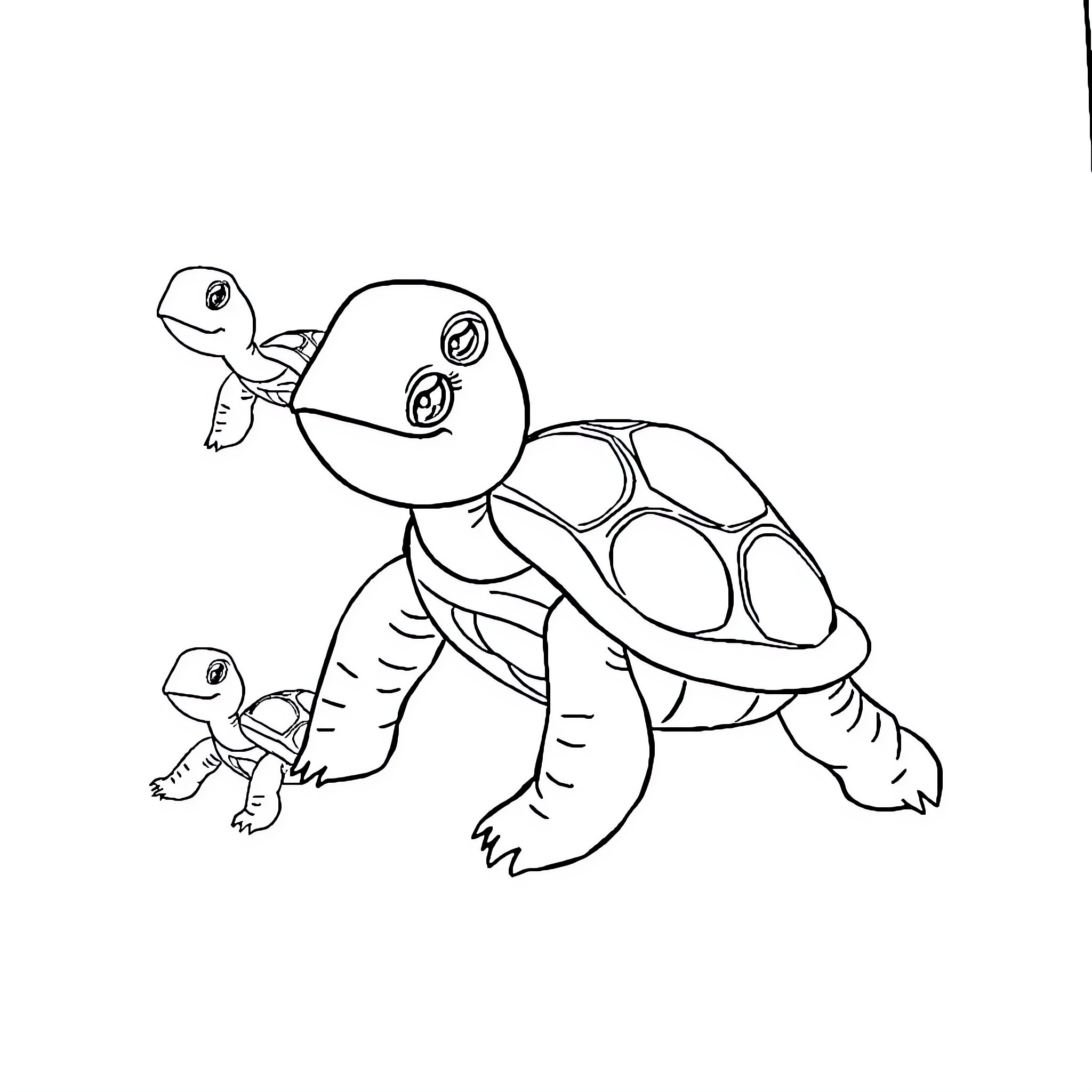 Turtle family walking together Coloring Page (free black-and-white line drawing printable PDF for all, from beginners to advanced learners, including children, teens, adults, and seniors)